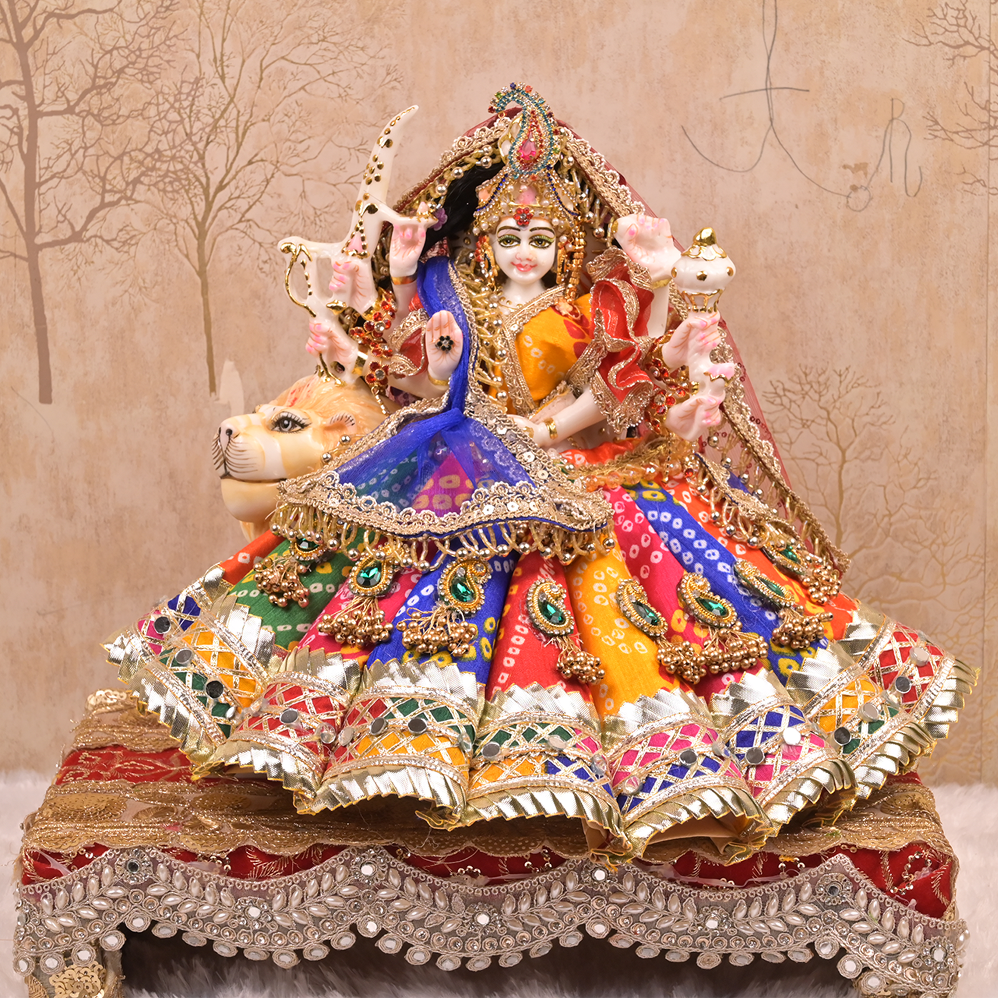 Mata Rani Lehenga – Multicolour Bandhej Silk Poshak with Kundan Buti & Dual Net Dupattas