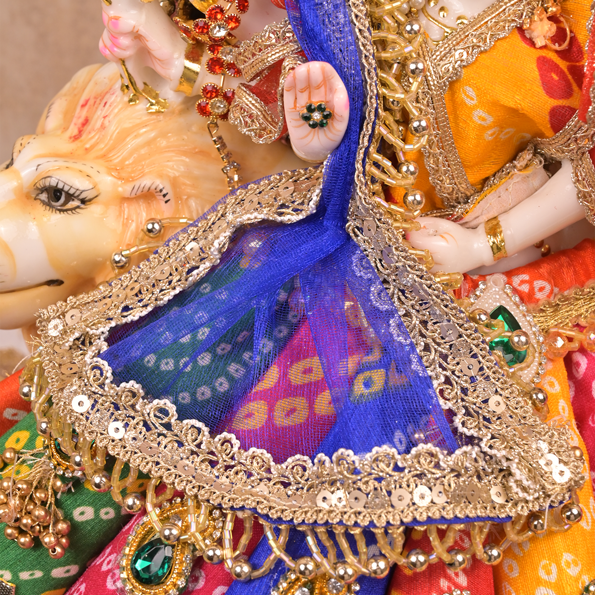 Mata Rani Lehenga – Multicolour Bandhej Silk Poshak with Kundan Buti & Dual Net Dupattas