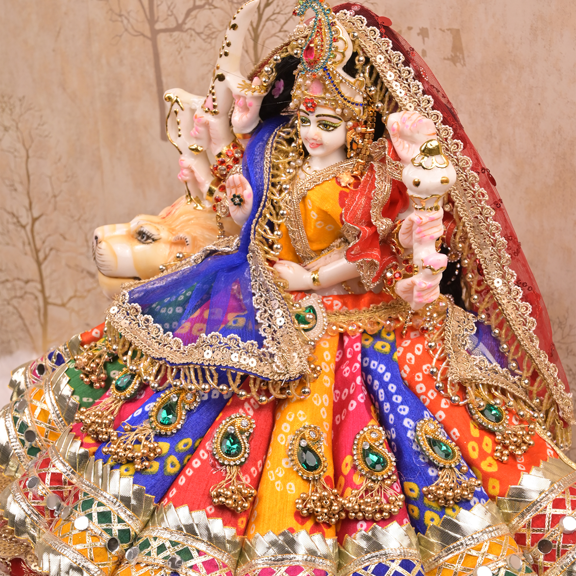Mata Rani Lehenga – Multicolour Bandhej Silk Poshak with Kundan Buti & Dual Net Dupattas