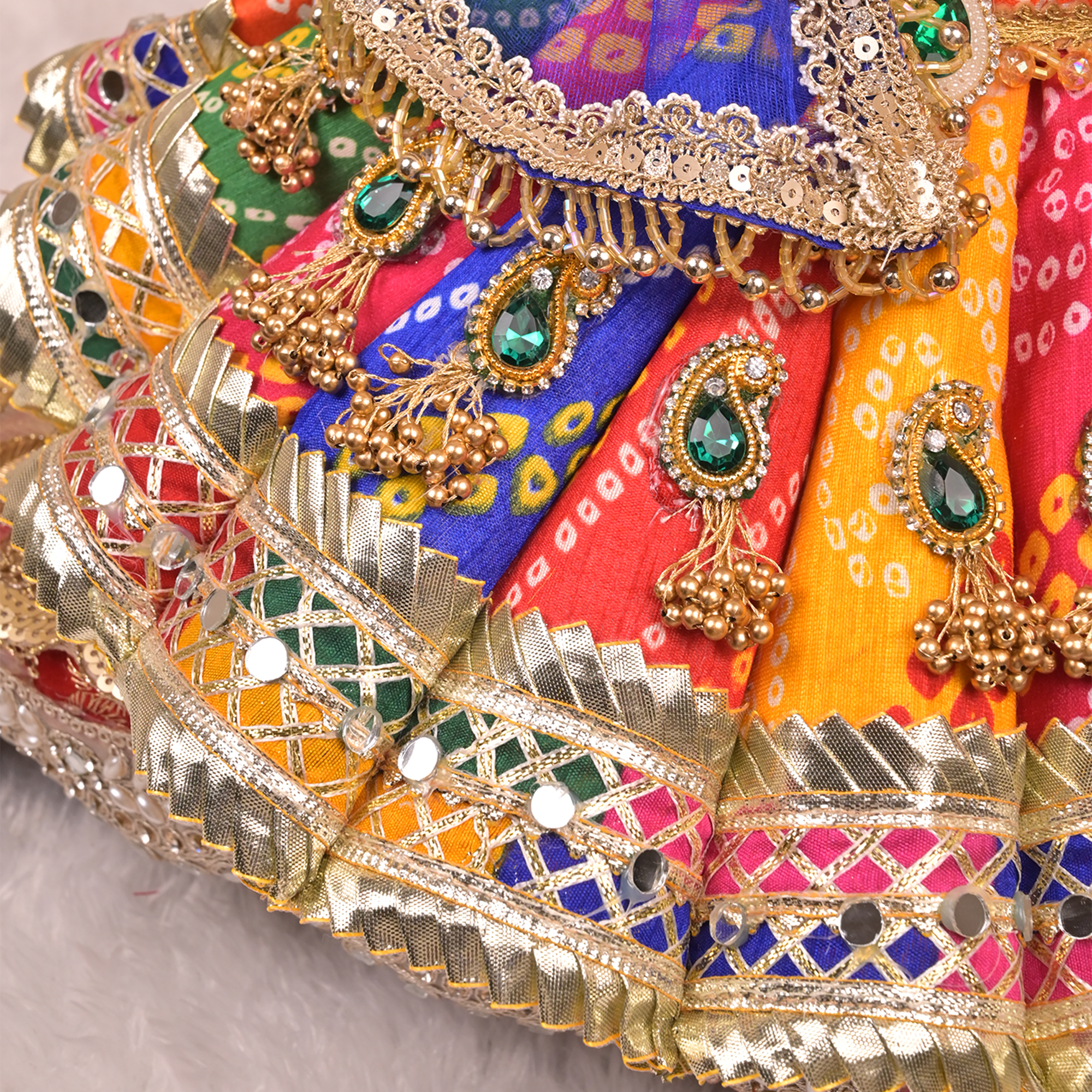 Mata Rani Lehenga – Multicolour Bandhej Silk Poshak with Kundan Buti & Dual Net Dupattas