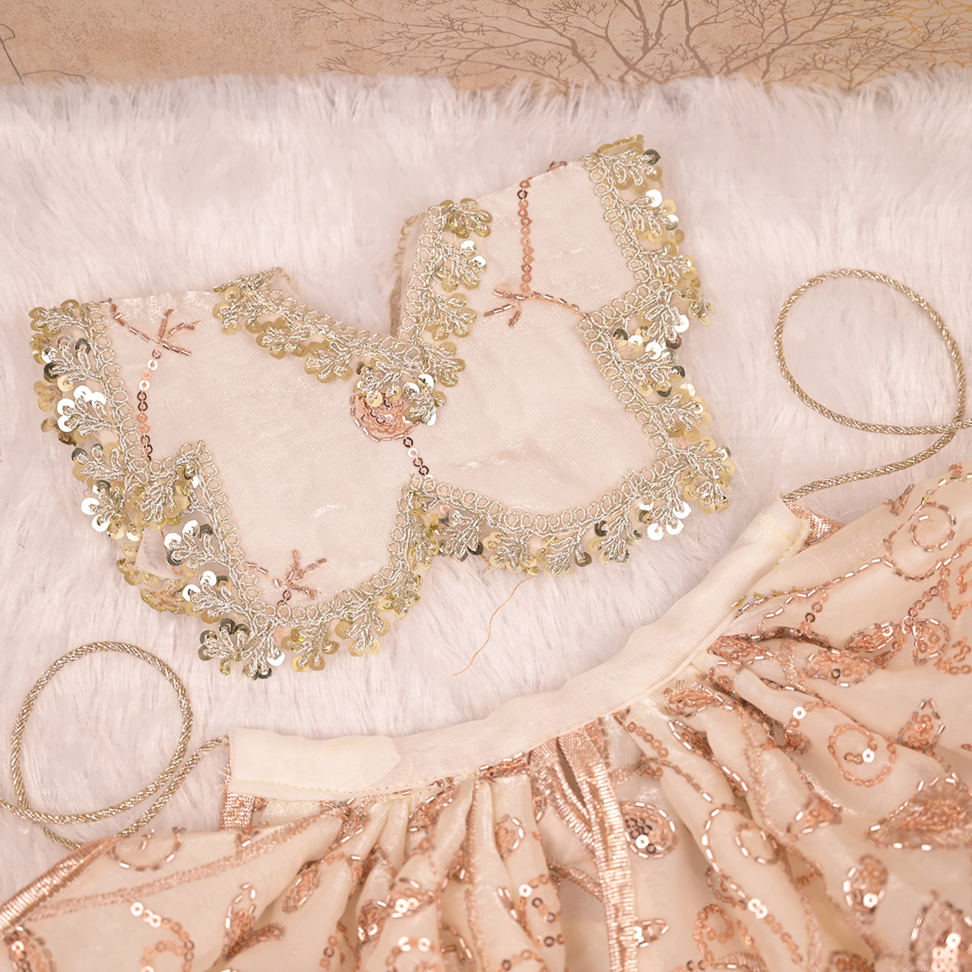 Radha Krishna Yugal Jodi Poshak – White Soft Silk Lehenga Set with Rose Gold Sequin & Pearl Lace Work