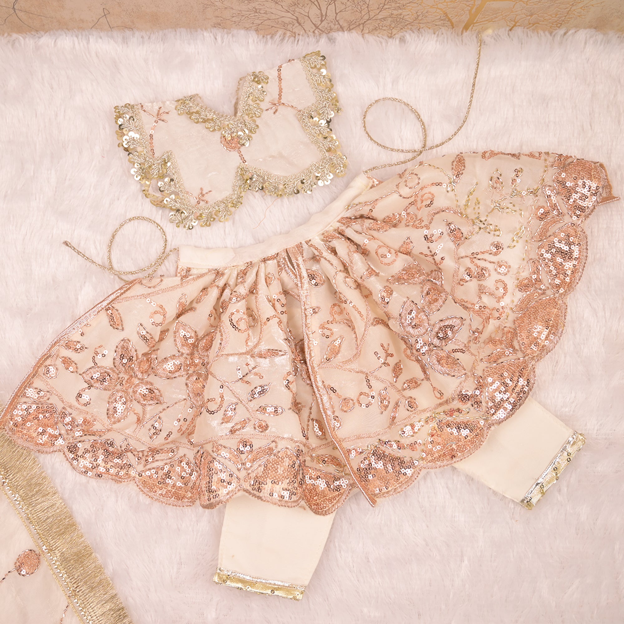 Radha Krishna Yugal Jodi Poshak – White Soft Silk Lehenga Set with Rose Gold Sequin & Pearl Lace Work