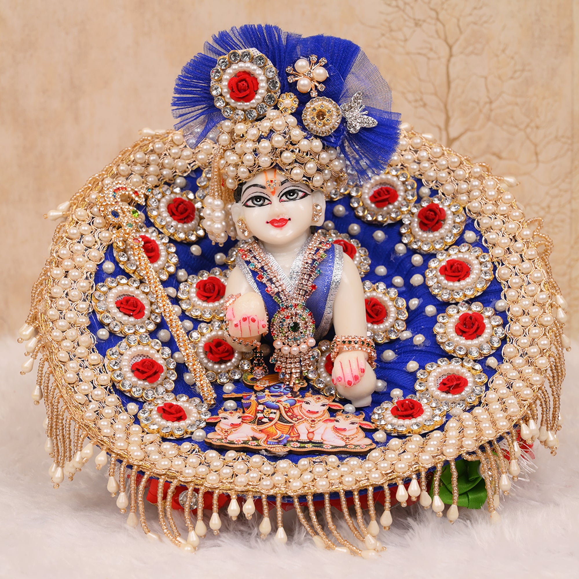 Laddu Gopal Poshak – Royal Blue Net Dress with Kundan Rose Butti & Pagdri