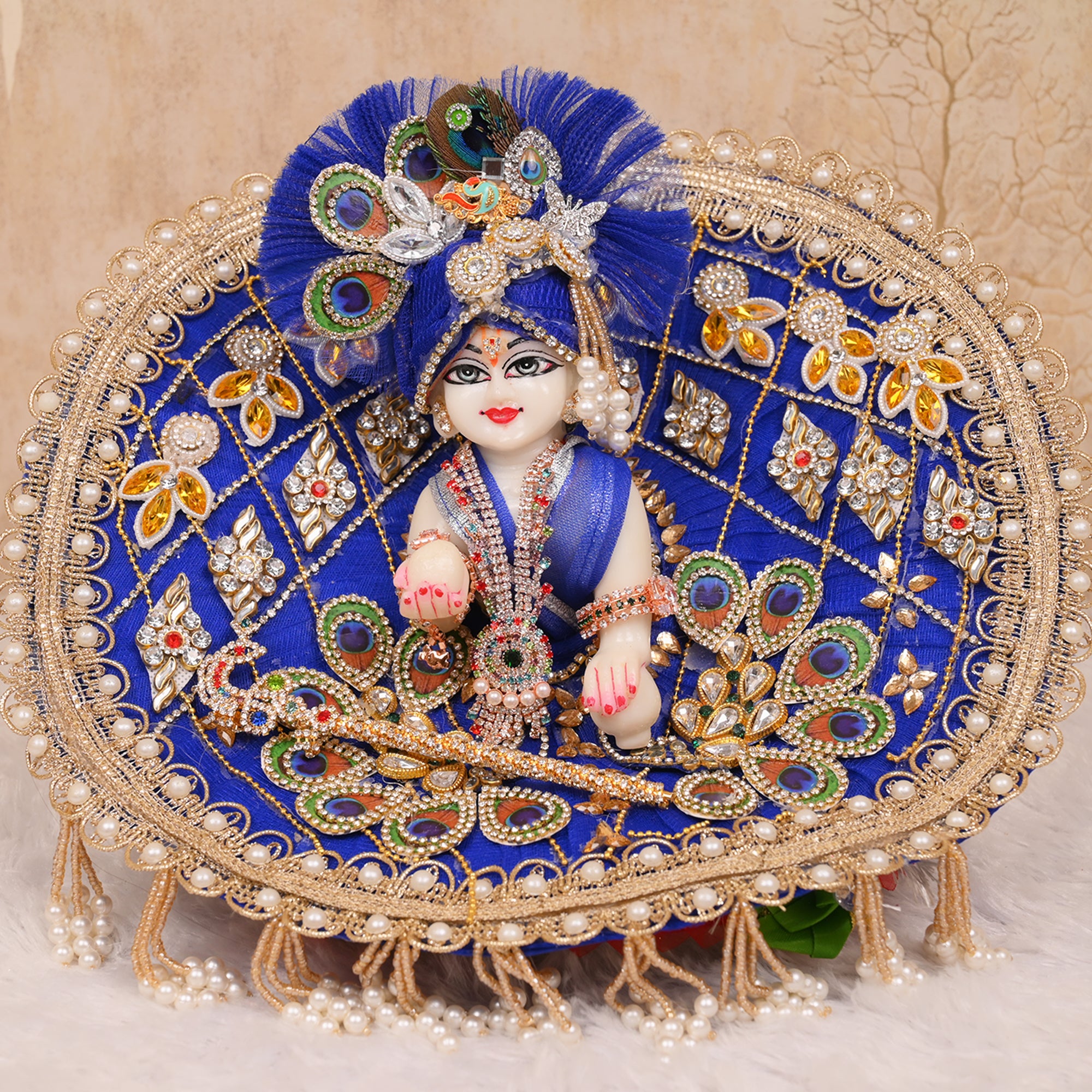 Laddu Gopal Poshak – Royal Blue Peacock Style Net Dress with Pagdri