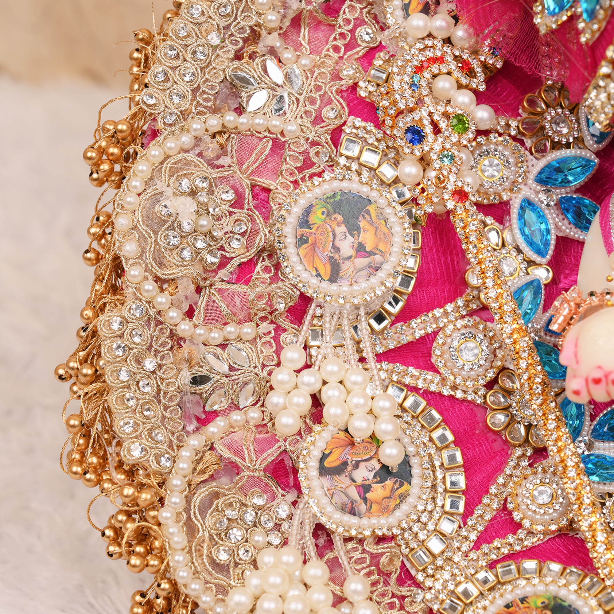 Laddu Gopal Poshak – Rani Pink Net Dress with Stone, Pearl & Kundan Work