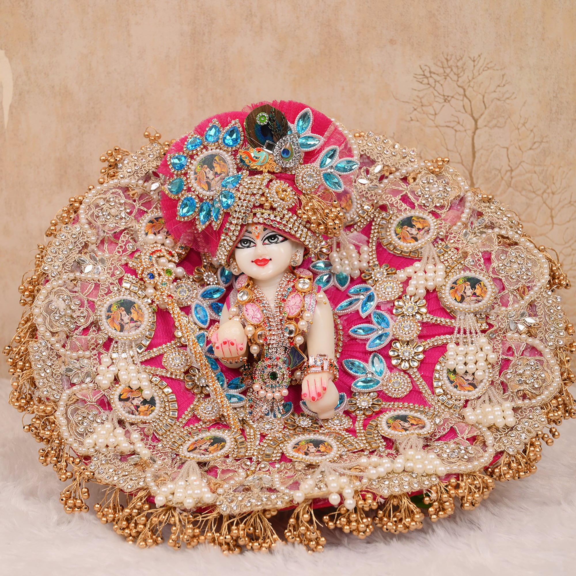 Laddu Gopal Poshak – Rani Pink Net Dress with Stone, Pearl & Kundan Work