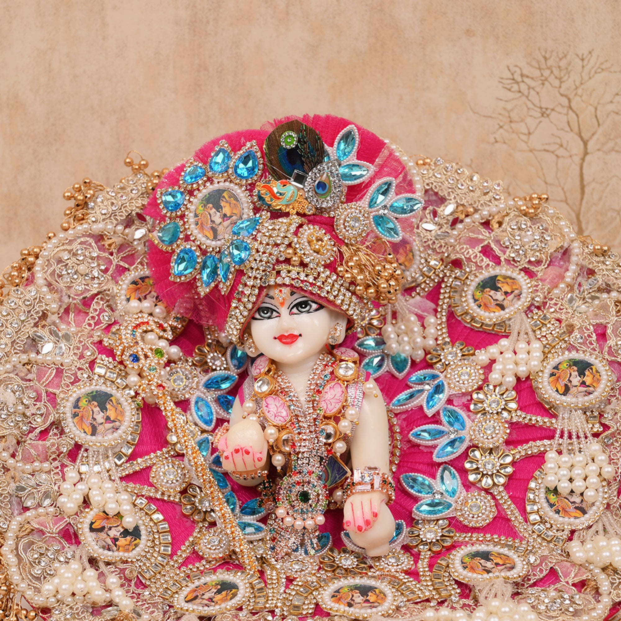 Laddu Gopal Poshak – Rani Pink Net Dress with Stone, Pearl & Kundan Work