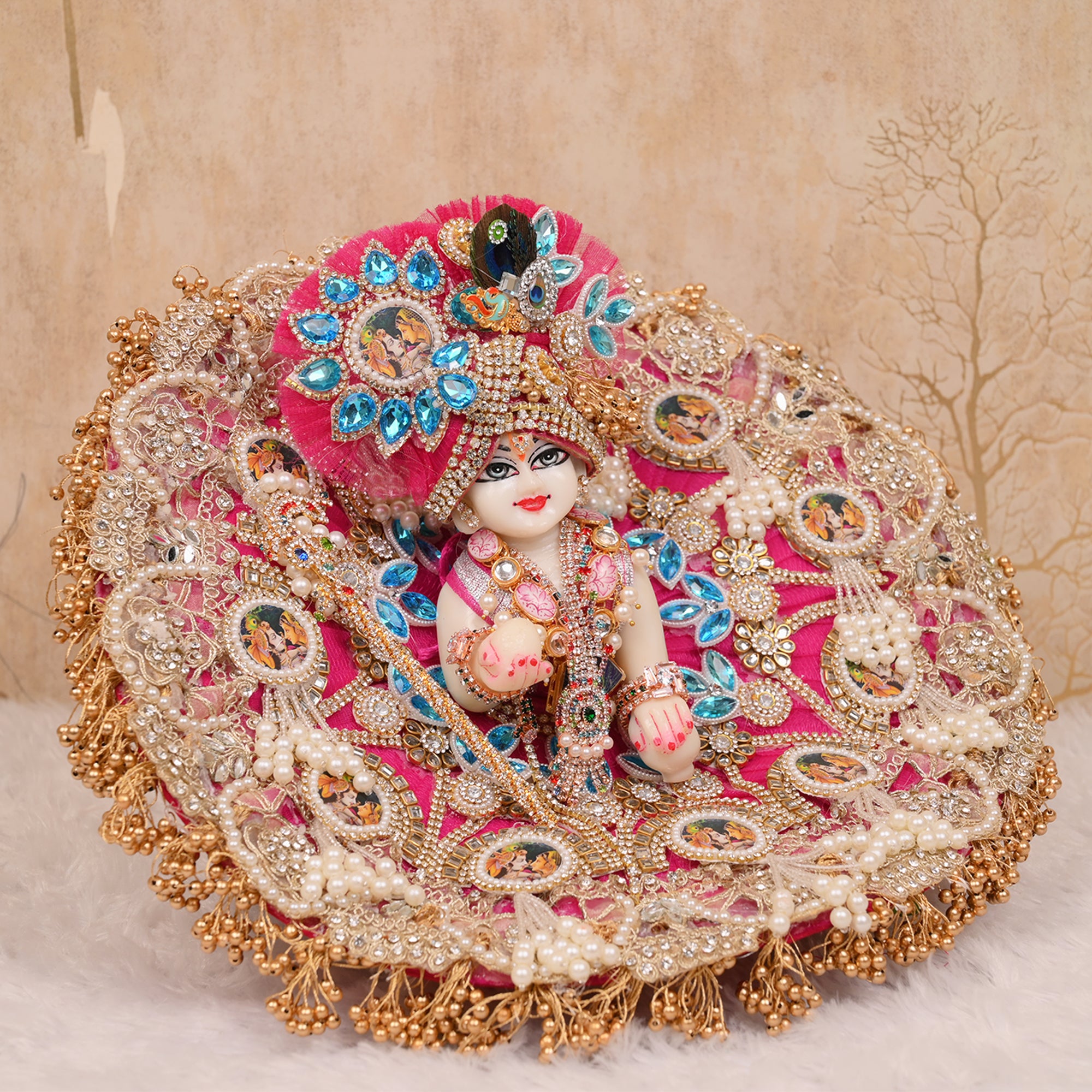 Laddu Gopal Poshak – Rani Pink Net Dress with Stone, Pearl & Kundan Work