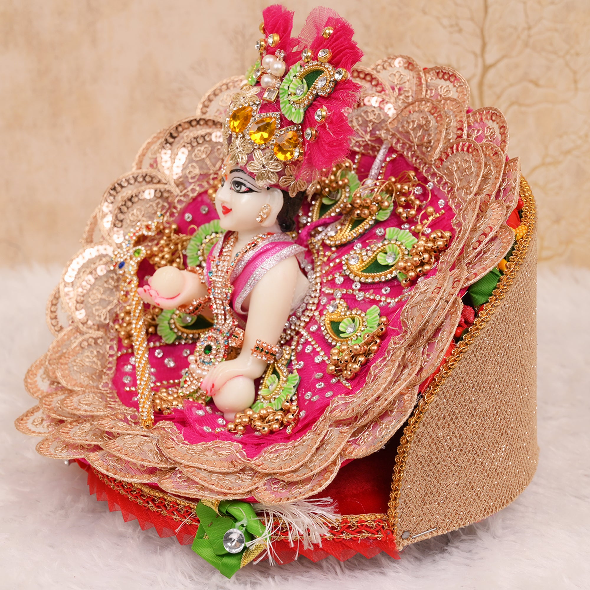 Laddu Gopal Poshak – Rani Pink Net Dress with Golden Lace & Green Butti Work