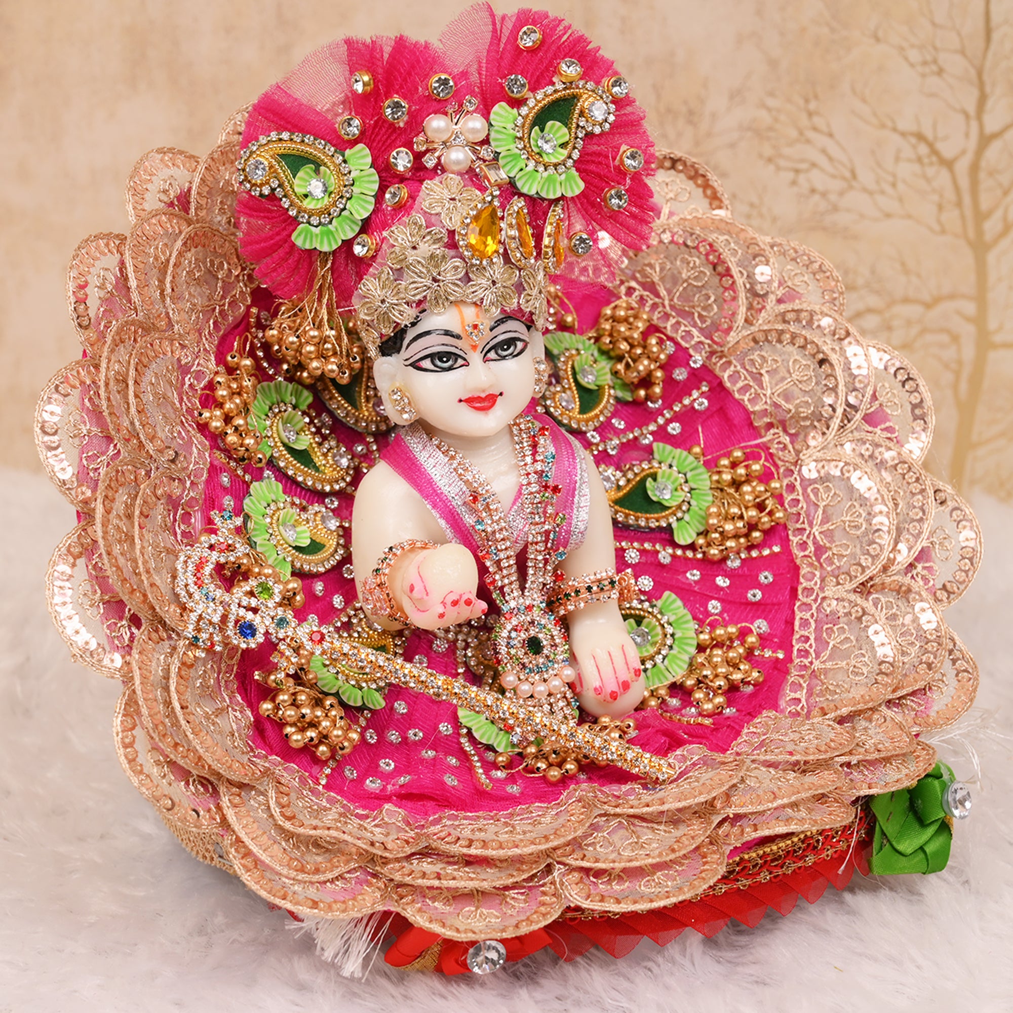 Laddu Gopal Poshak – Rani Pink Net Dress with Golden Lace & Green Butti Work
