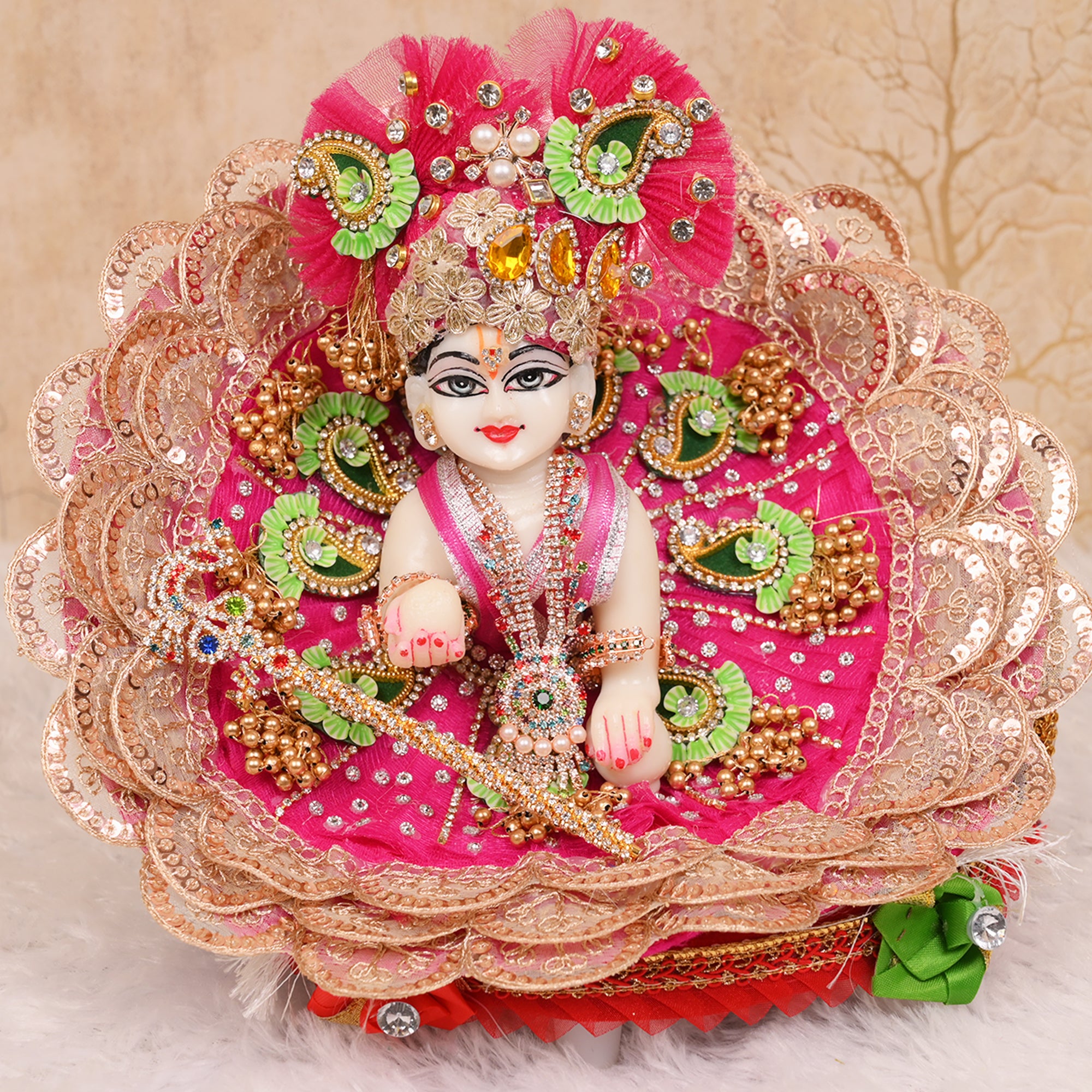 Laddu Gopal Poshak – Rani Pink Net Dress with Golden Lace & Green Butti Work