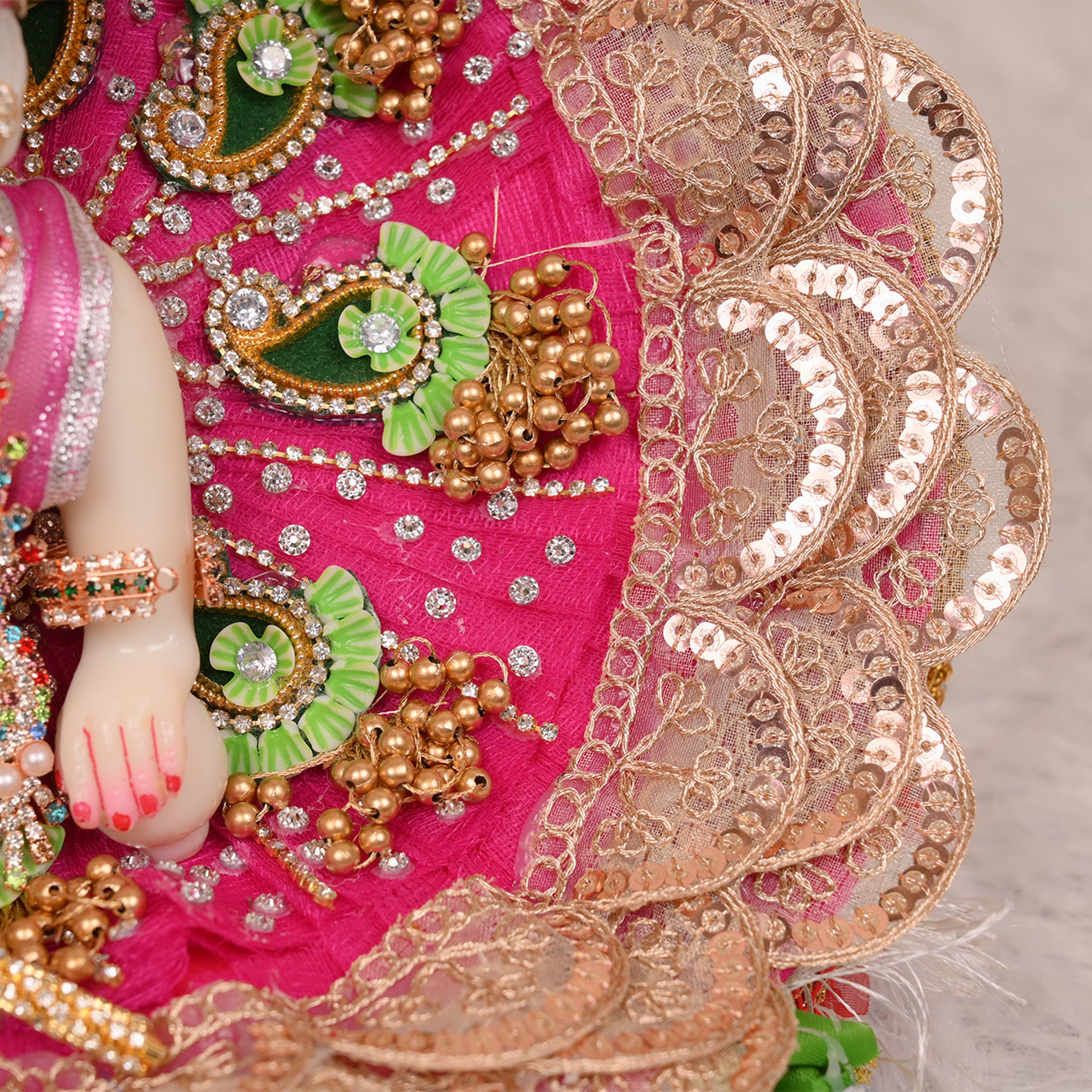 Laddu Gopal Poshak – Rani Pink Net Dress with Golden Lace & Green Butti Work