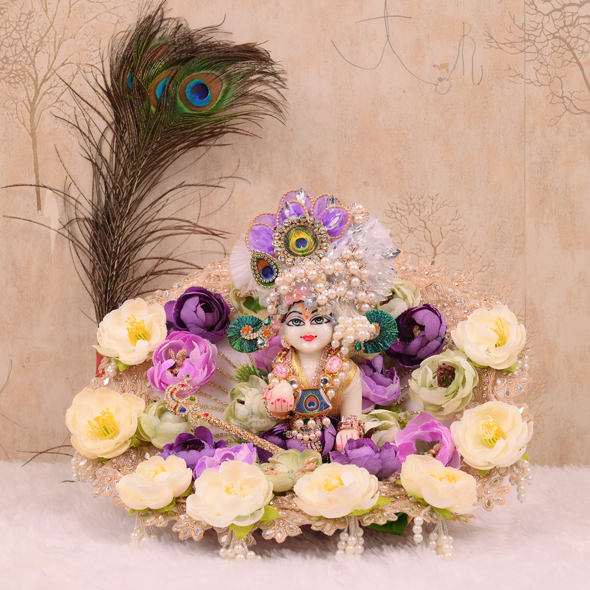 Laddu Gopal Poshak – White, Purple, Cream & Baby Pink Flower Dress with Pagdri
