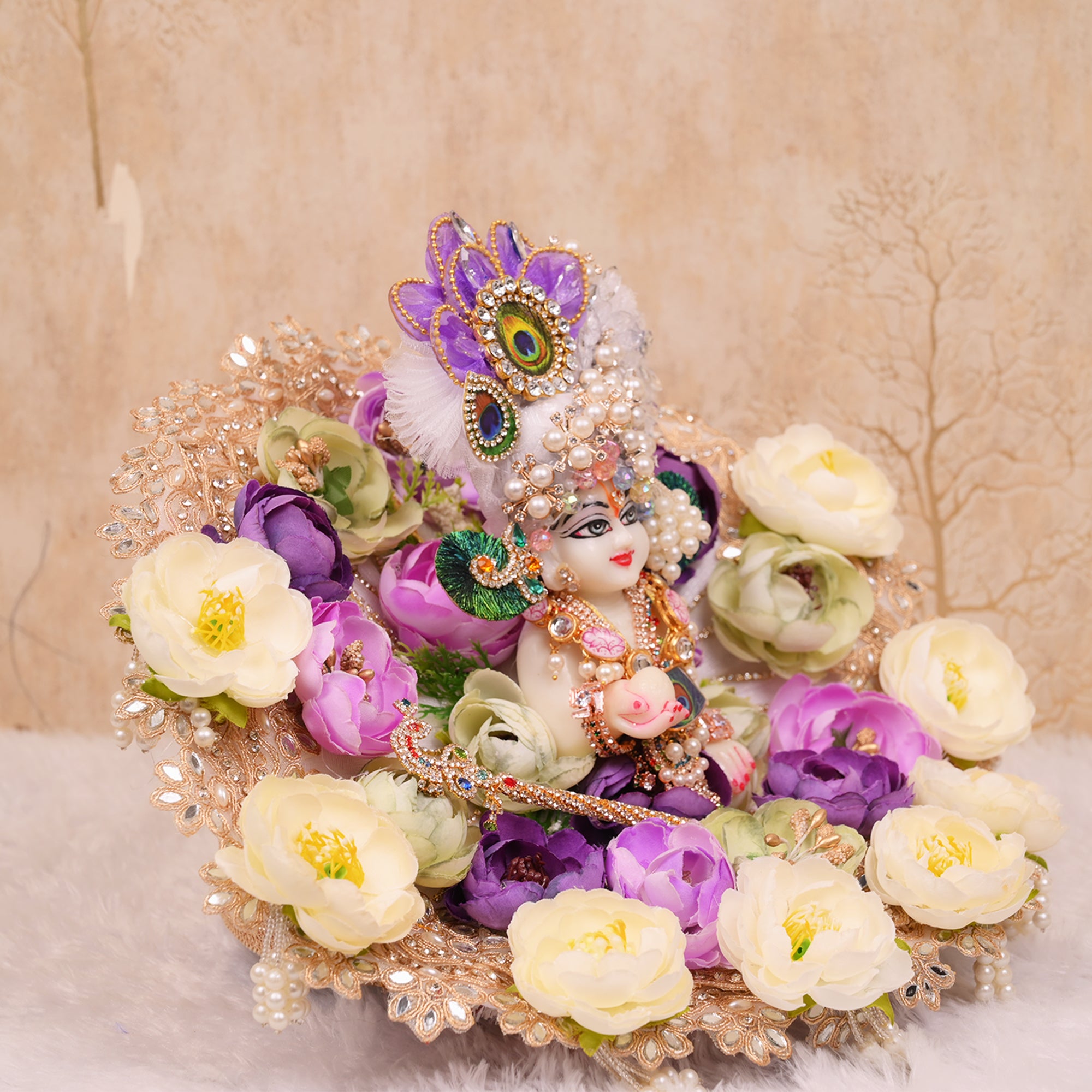 Laddu Gopal Poshak – White, Purple, Cream & Baby Pink Flower Dress with Pagdri