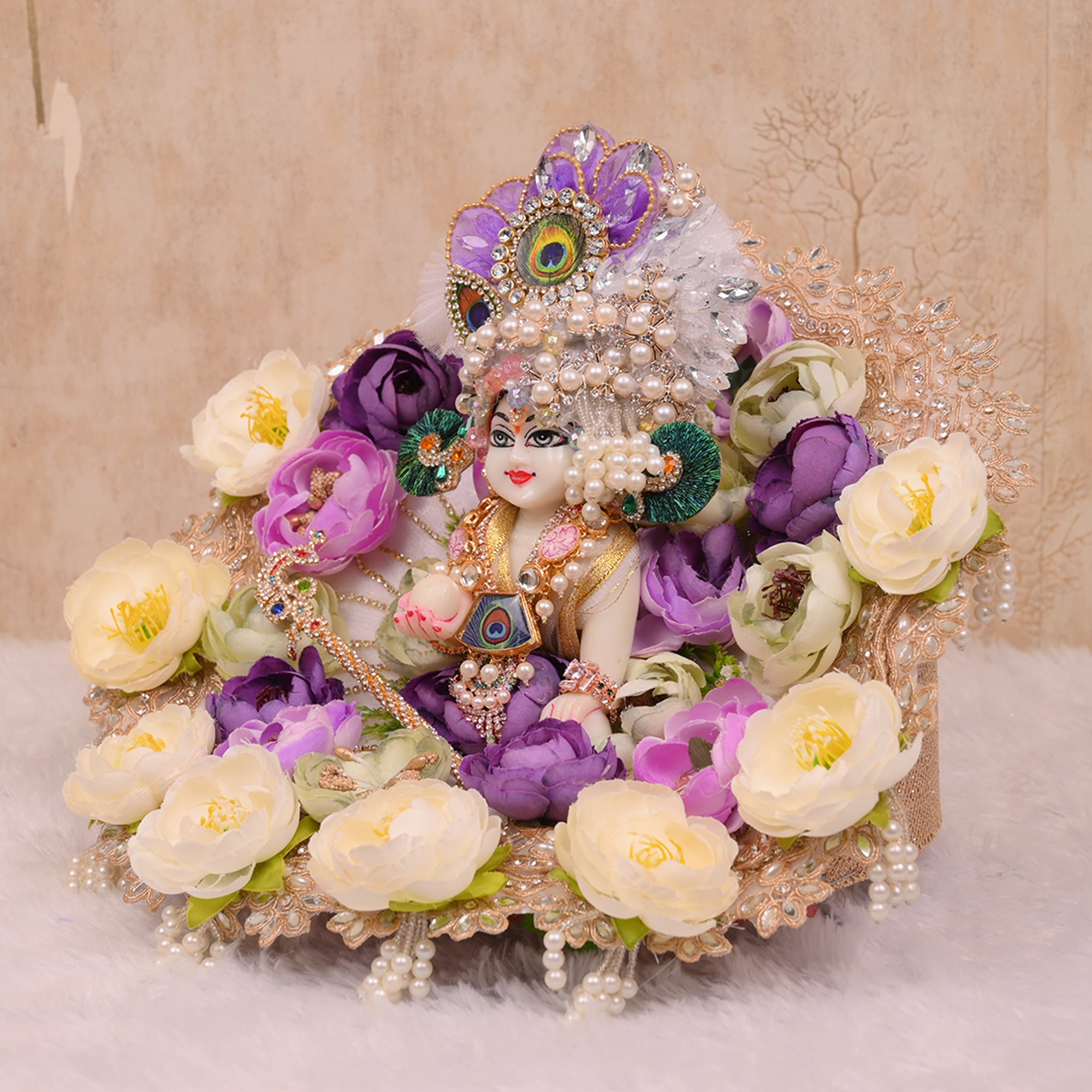 Laddu Gopal Poshak – White, Purple, Cream & Baby Pink Flower Dress with Pagdri