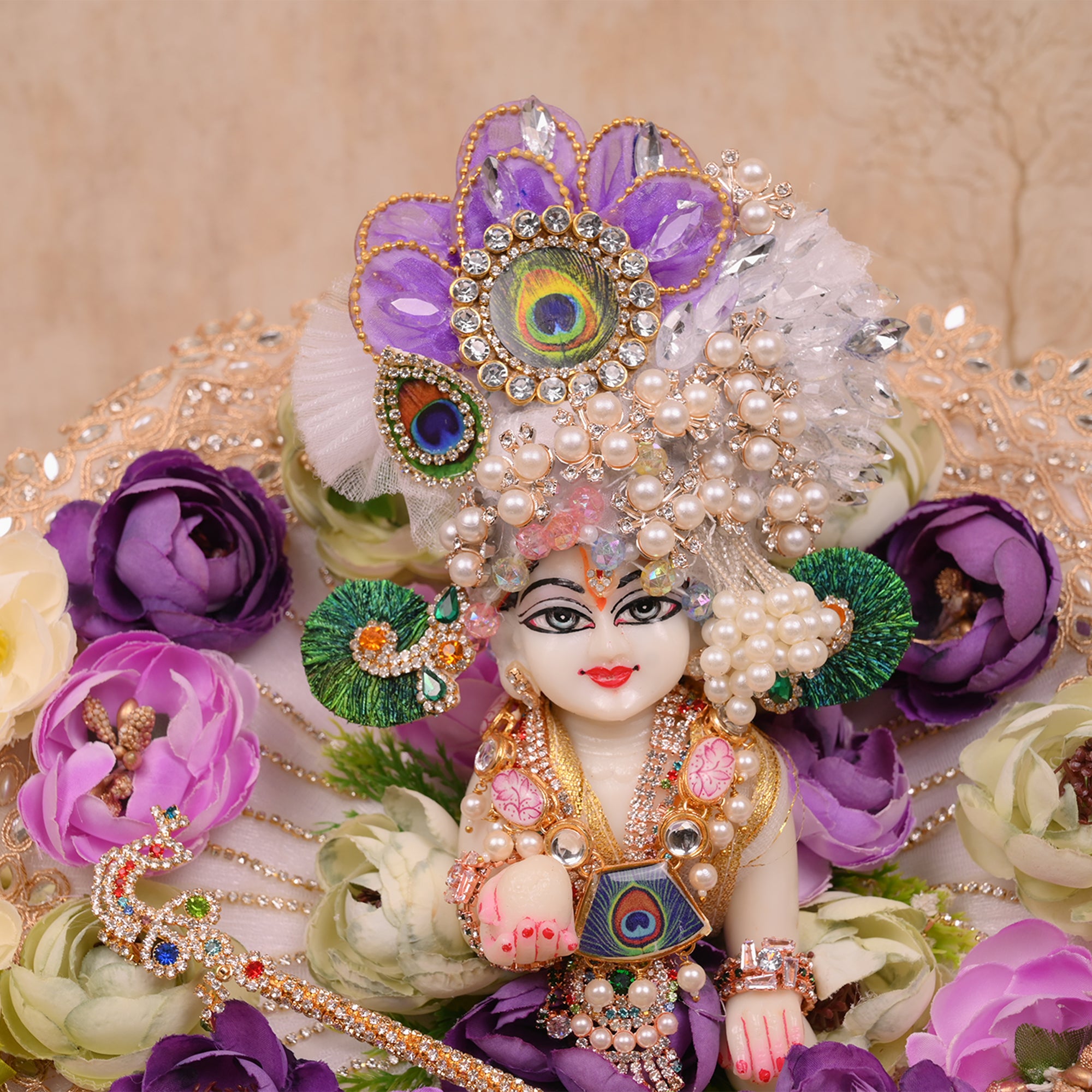 Laddu Gopal Poshak – White, Purple, Cream & Baby Pink Flower Dress with Pagdri