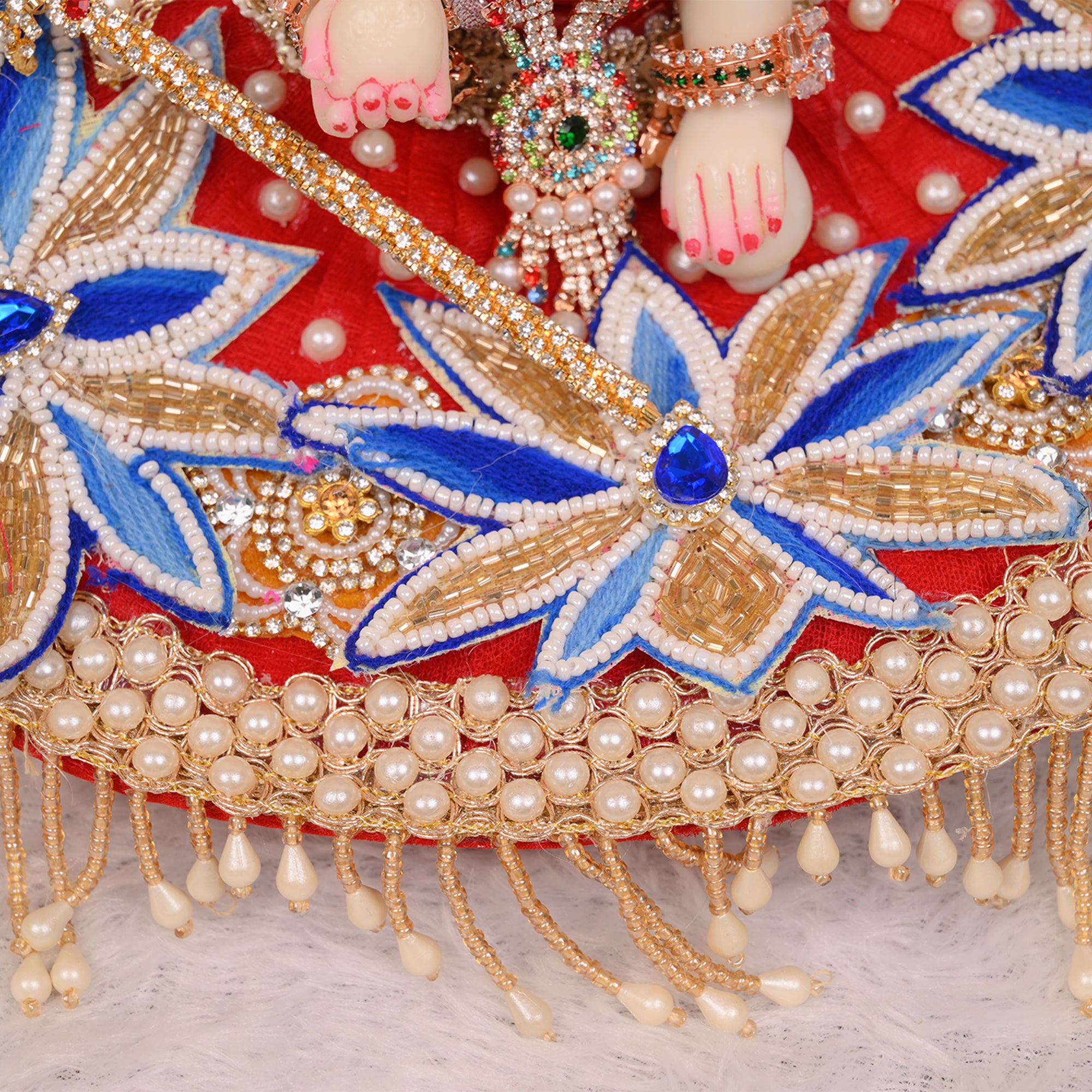 Laddu Gopal Poshak – Red Net Dress with Blue Stone & Lotus Design