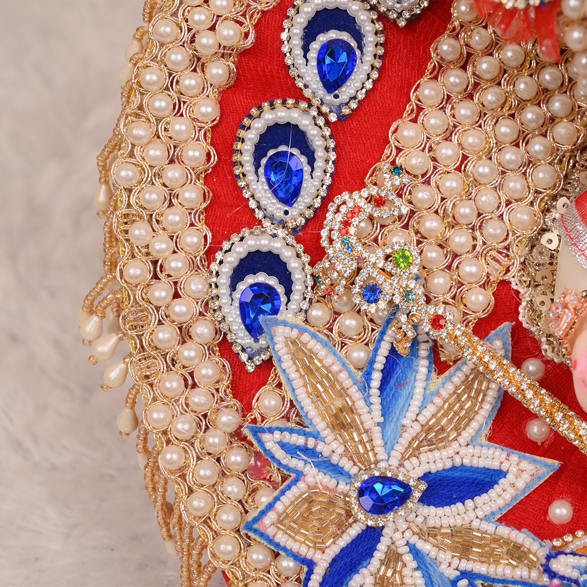 Laddu Gopal Poshak – Red Net Dress with Blue Stone & Lotus Design