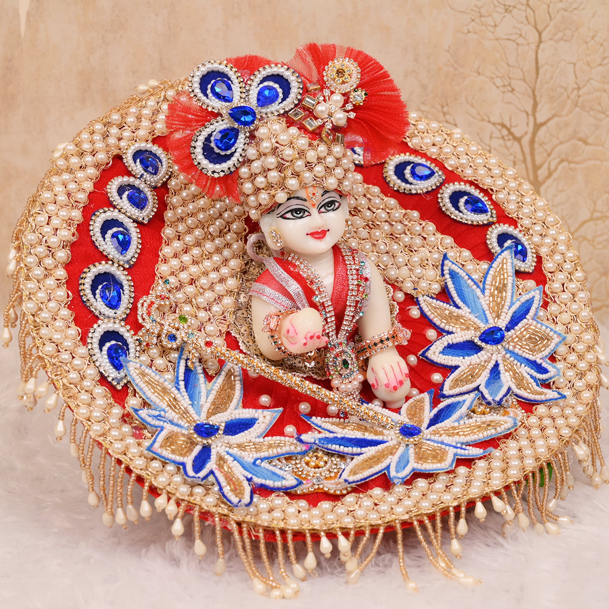 Laddu Gopal Poshak – Red Net Dress with Blue Stone & Lotus Design