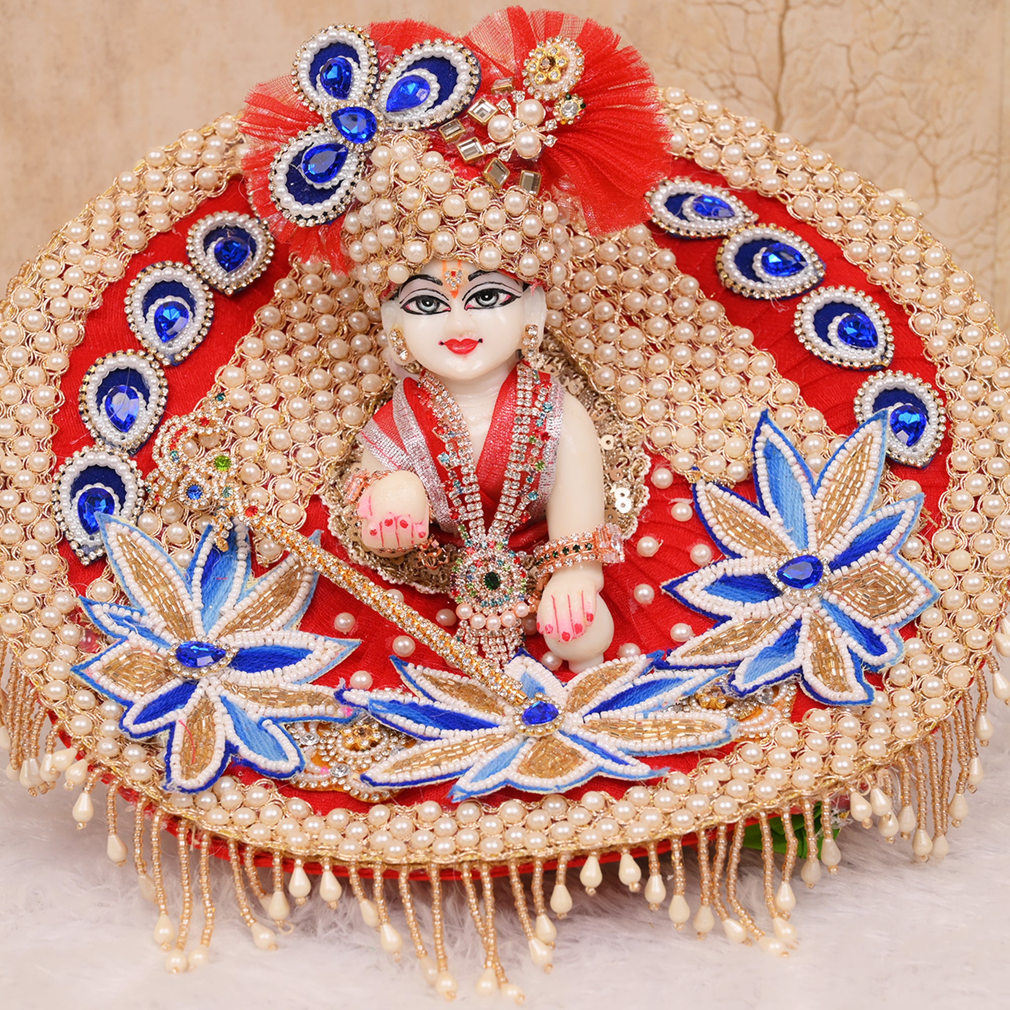 Laddu Gopal Poshak – Red Net Dress with Blue Stone & Lotus Design