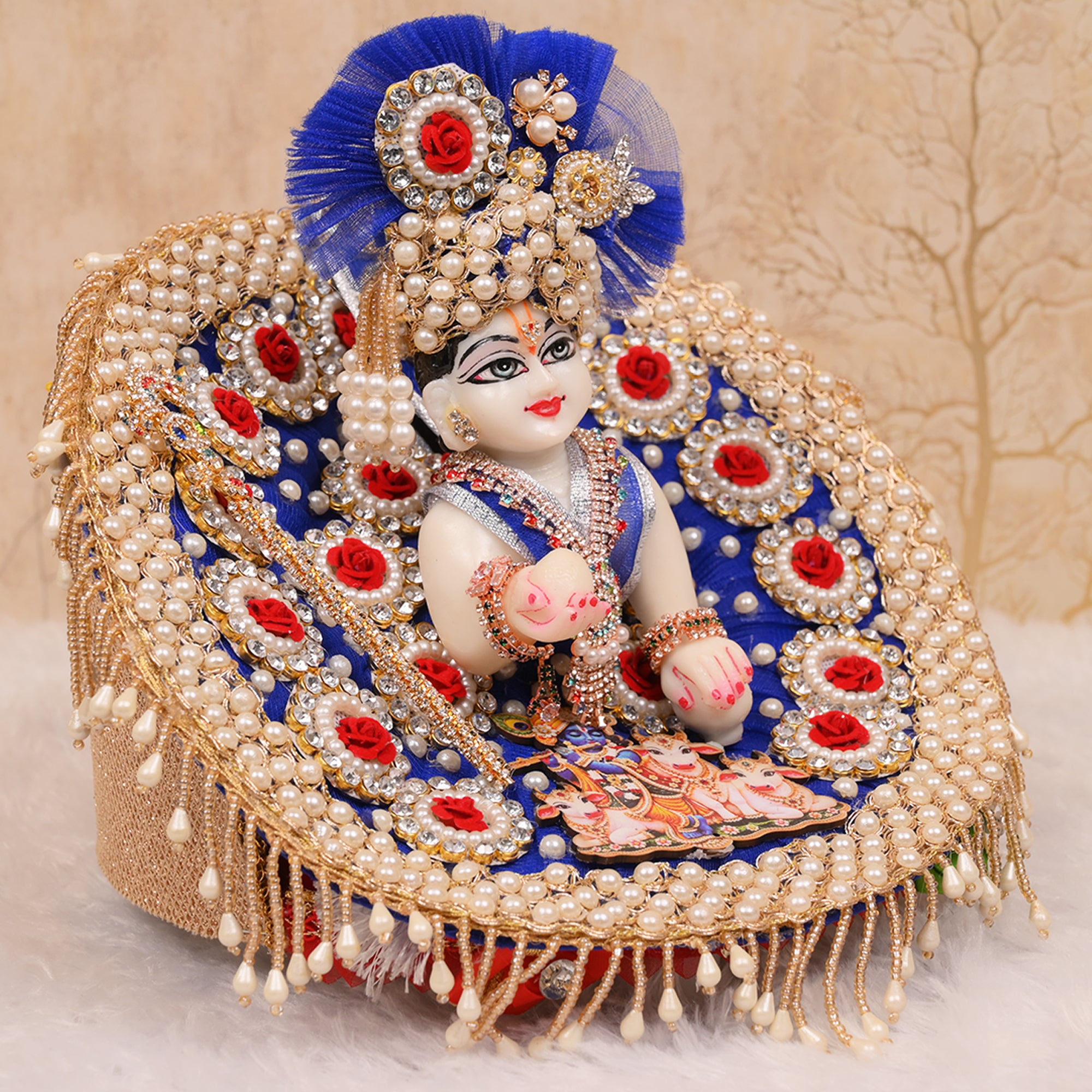 Laddu Gopal Poshak – Royal Blue Net Dress with Kundan Rose Butti & Pagdri