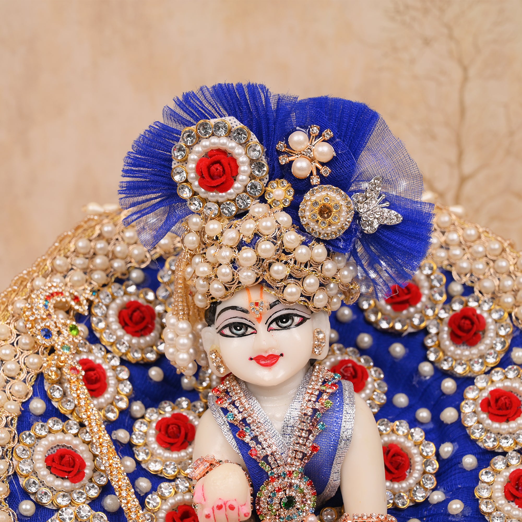 Laddu Gopal Poshak – Royal Blue Net Dress with Kundan Rose Butti & Pagdri