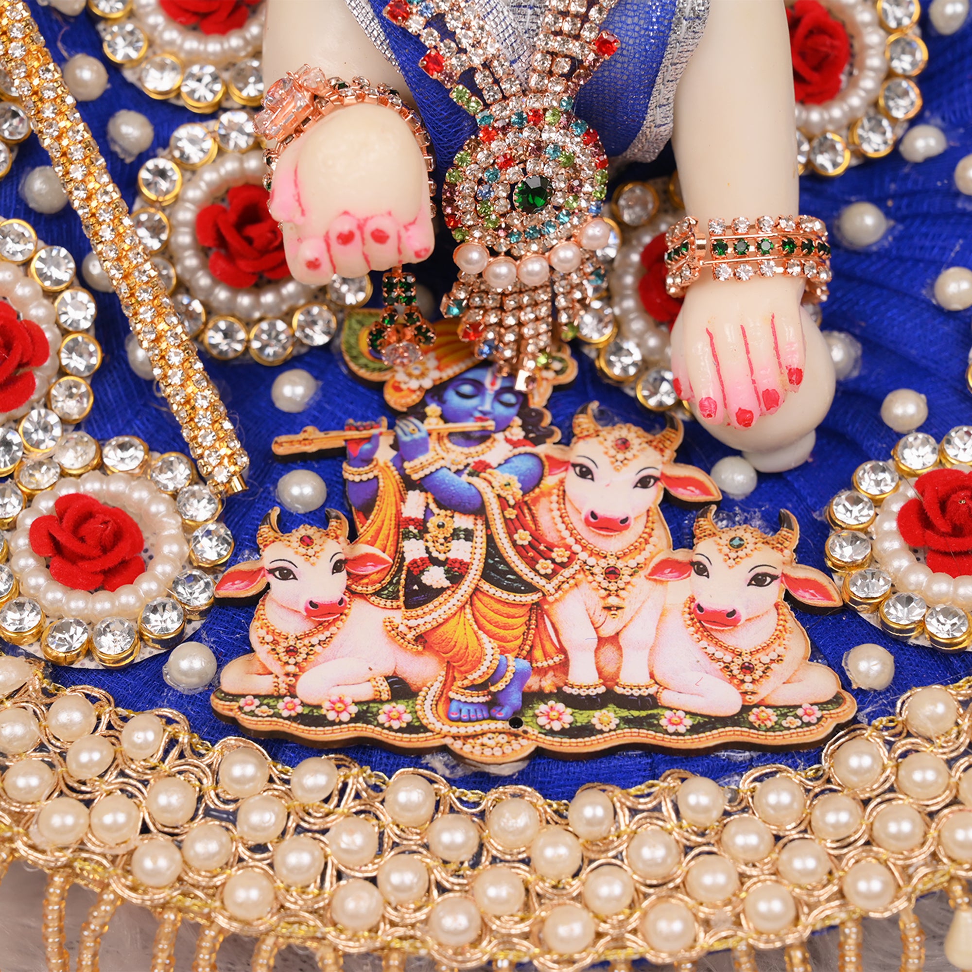 Laddu Gopal Poshak – Royal Blue Net Dress with Kundan Rose Butti & Pagdri