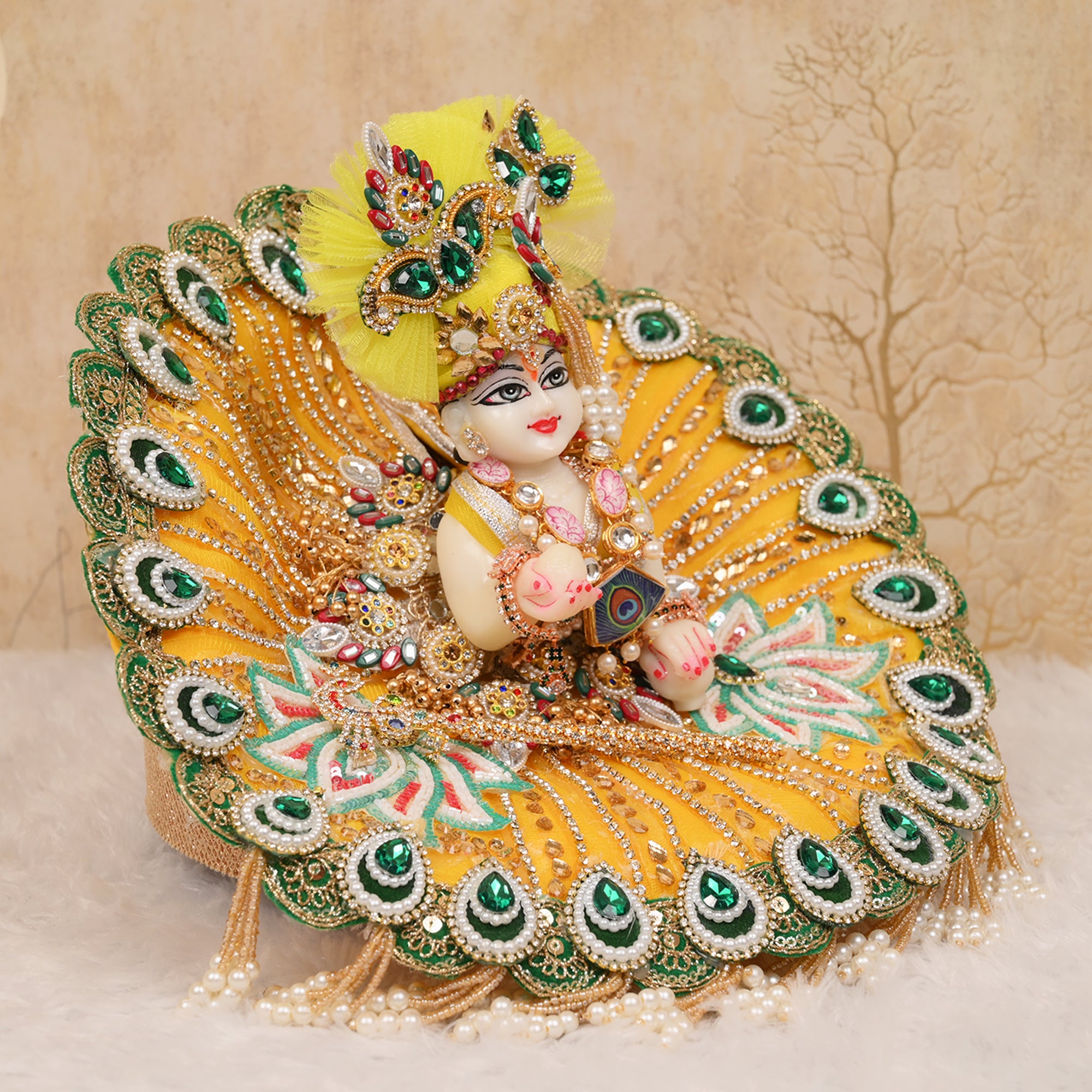 Laddu Gopal Poshak – Yellow Net Flower Dress with Green Lace & Pagdri