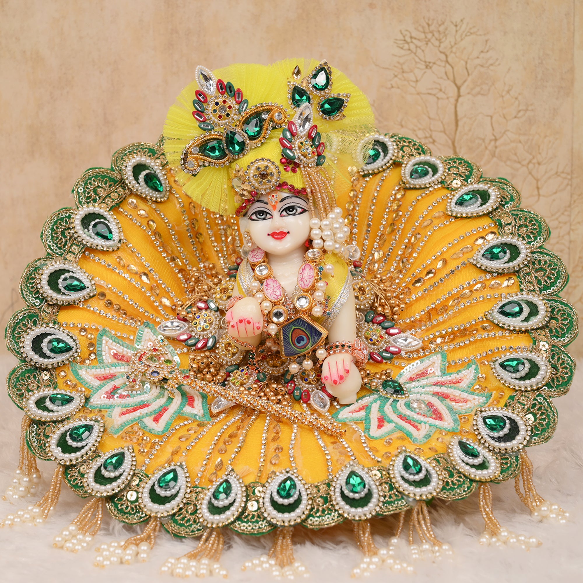 Laddu Gopal Poshak – Yellow Net Flower Dress with Green Lace & Pagdri