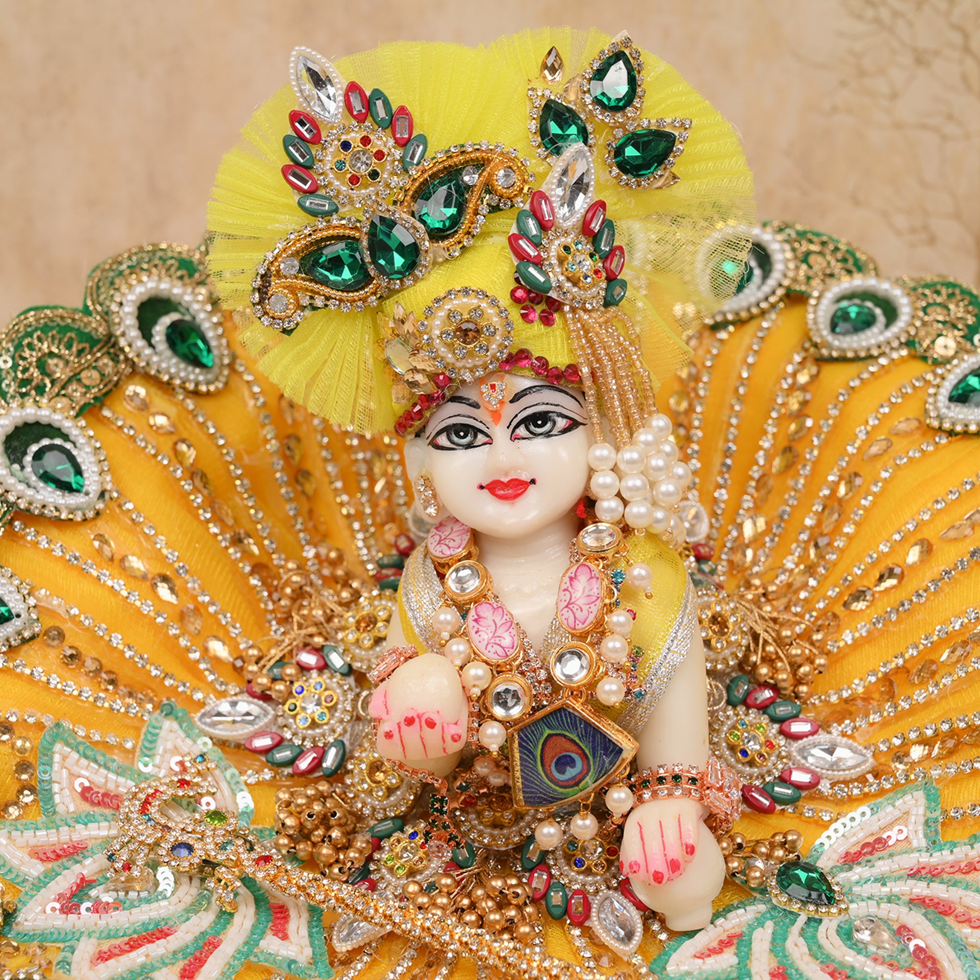 Laddu Gopal Poshak – Yellow Net Flower Dress with Green Lace & Pagdri