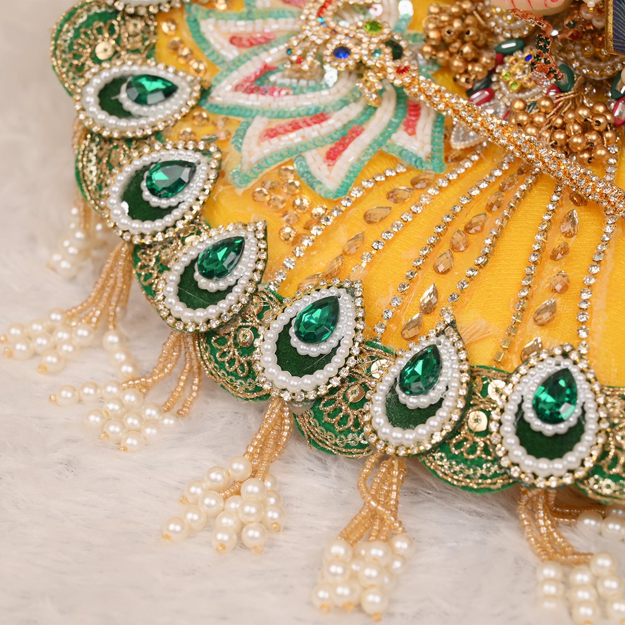 Laddu Gopal Poshak – Yellow Net Flower Dress with Green Lace & Pagdri
