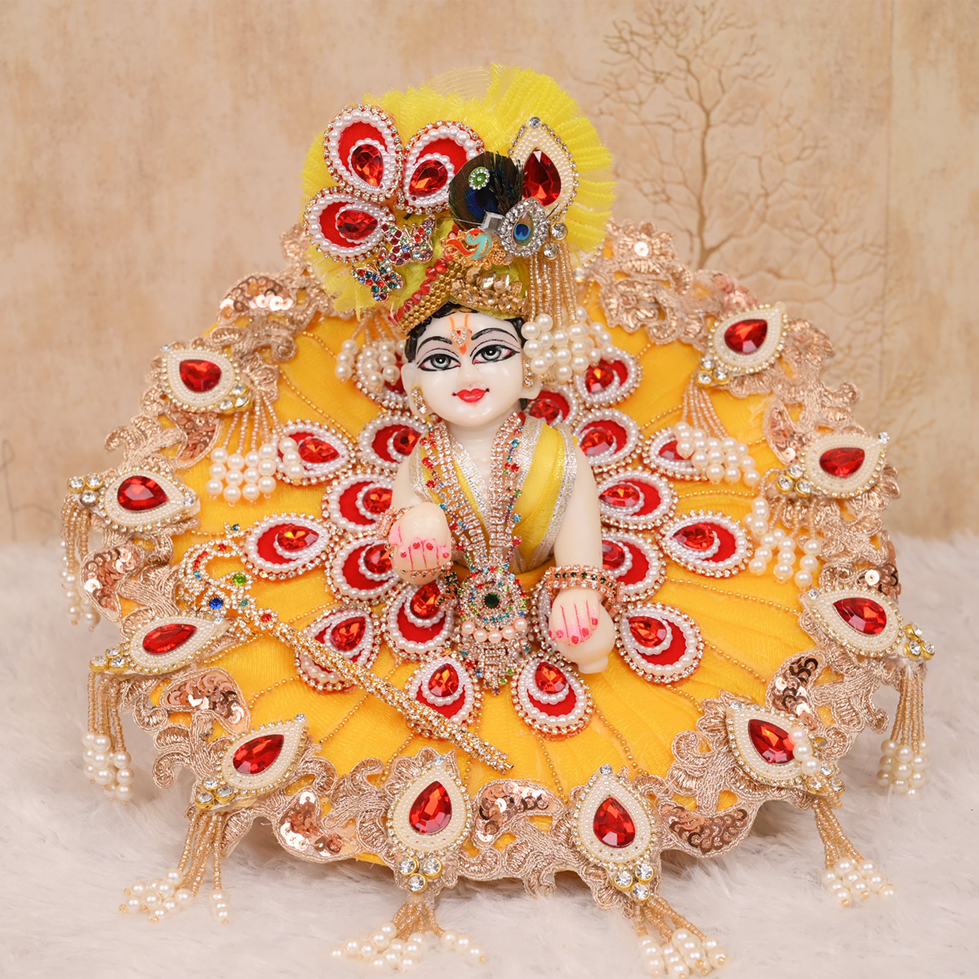 Laddu Gopal Poshak – Yellow Net Dress with Golden Lace & Red Stone Work