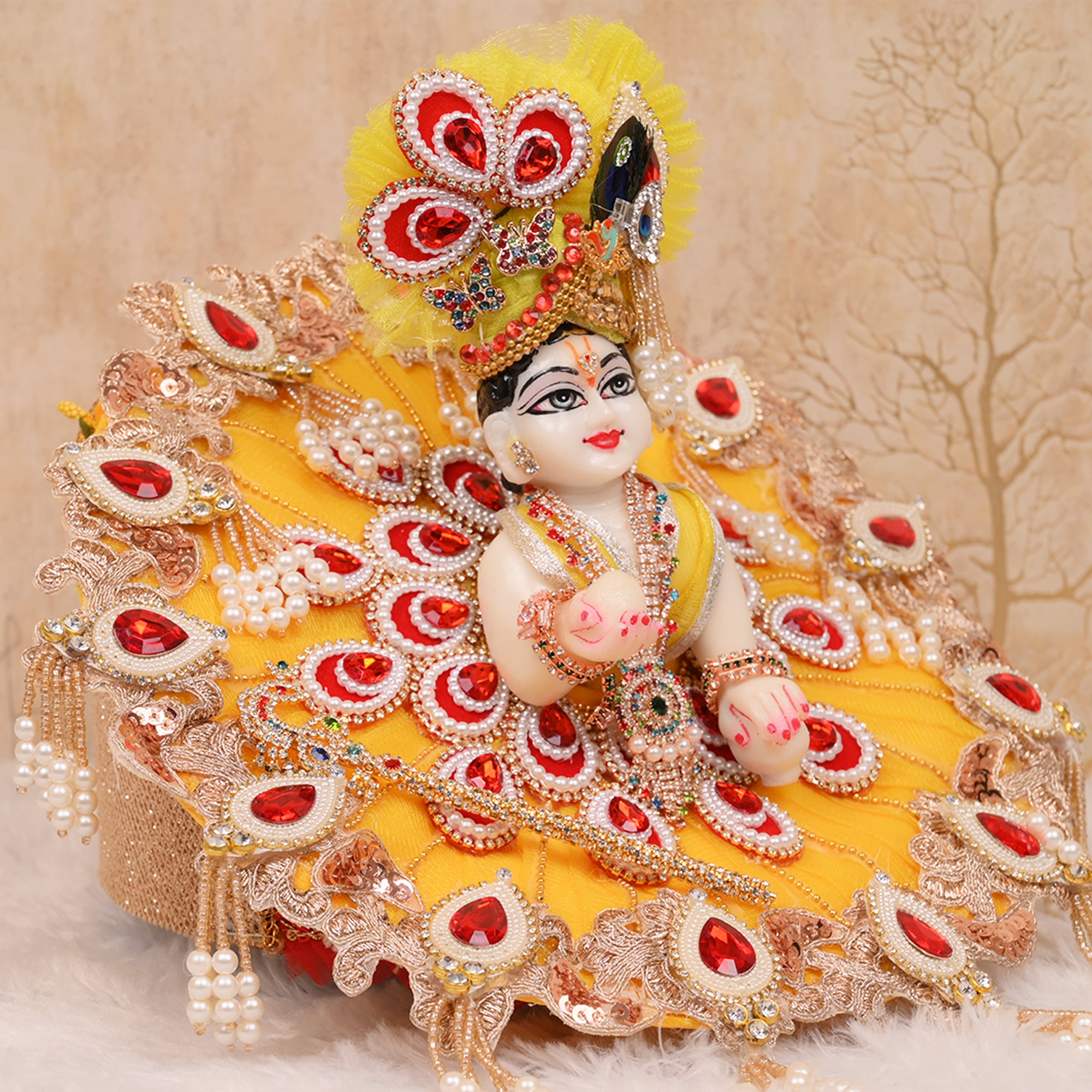 Laddu Gopal Poshak – Yellow Net Dress with Golden Lace & Red Stone Work