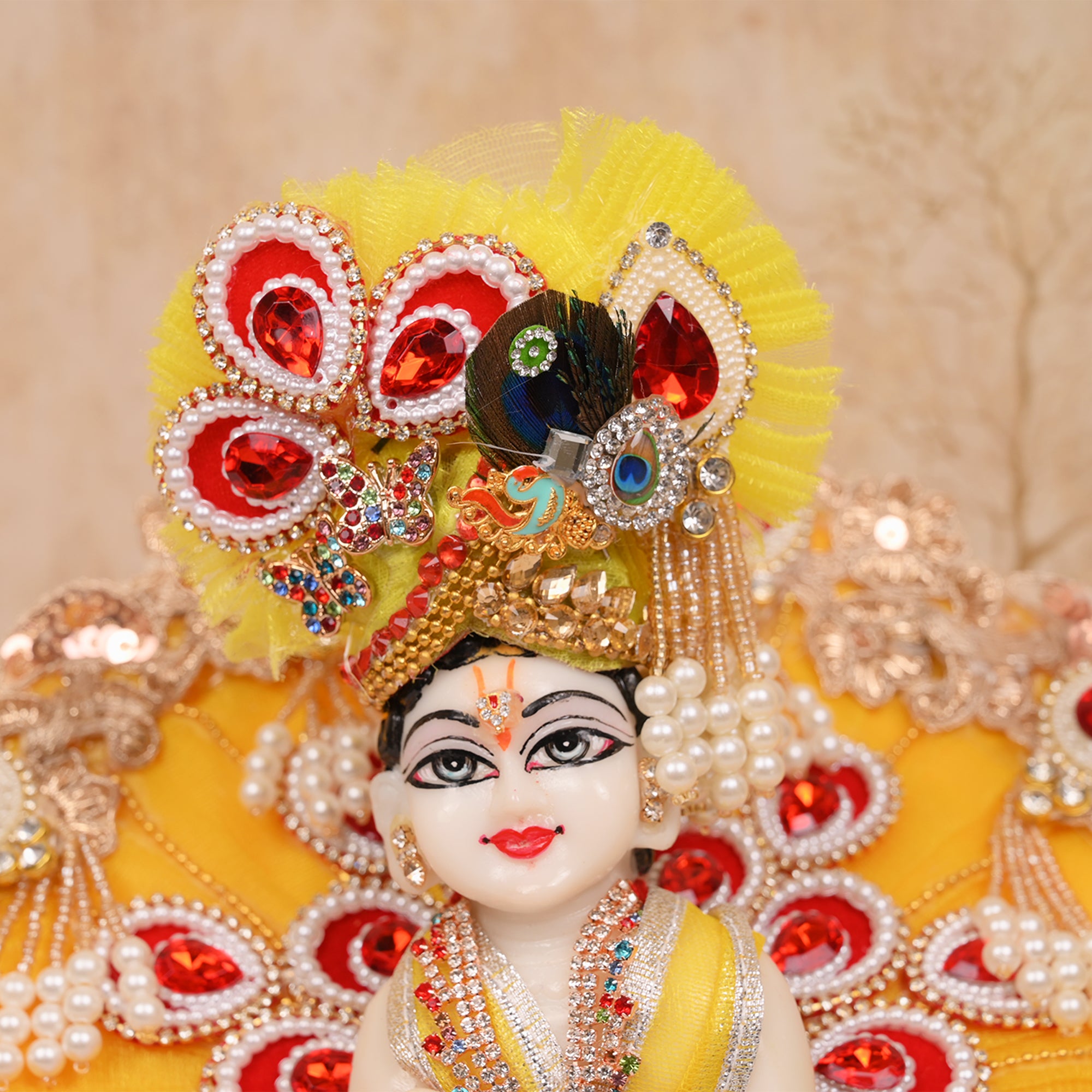 Laddu Gopal Poshak – Yellow Net Dress with Golden Lace & Red Stone Work