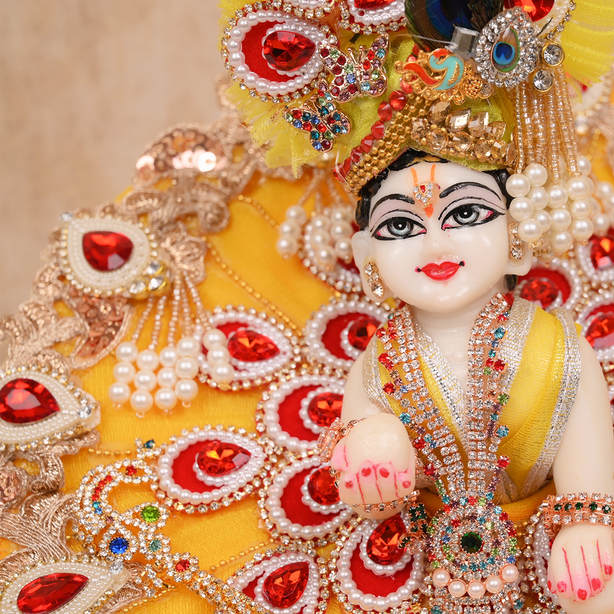 Laddu Gopal Poshak – Yellow Net Dress with Golden Lace & Red Stone Work