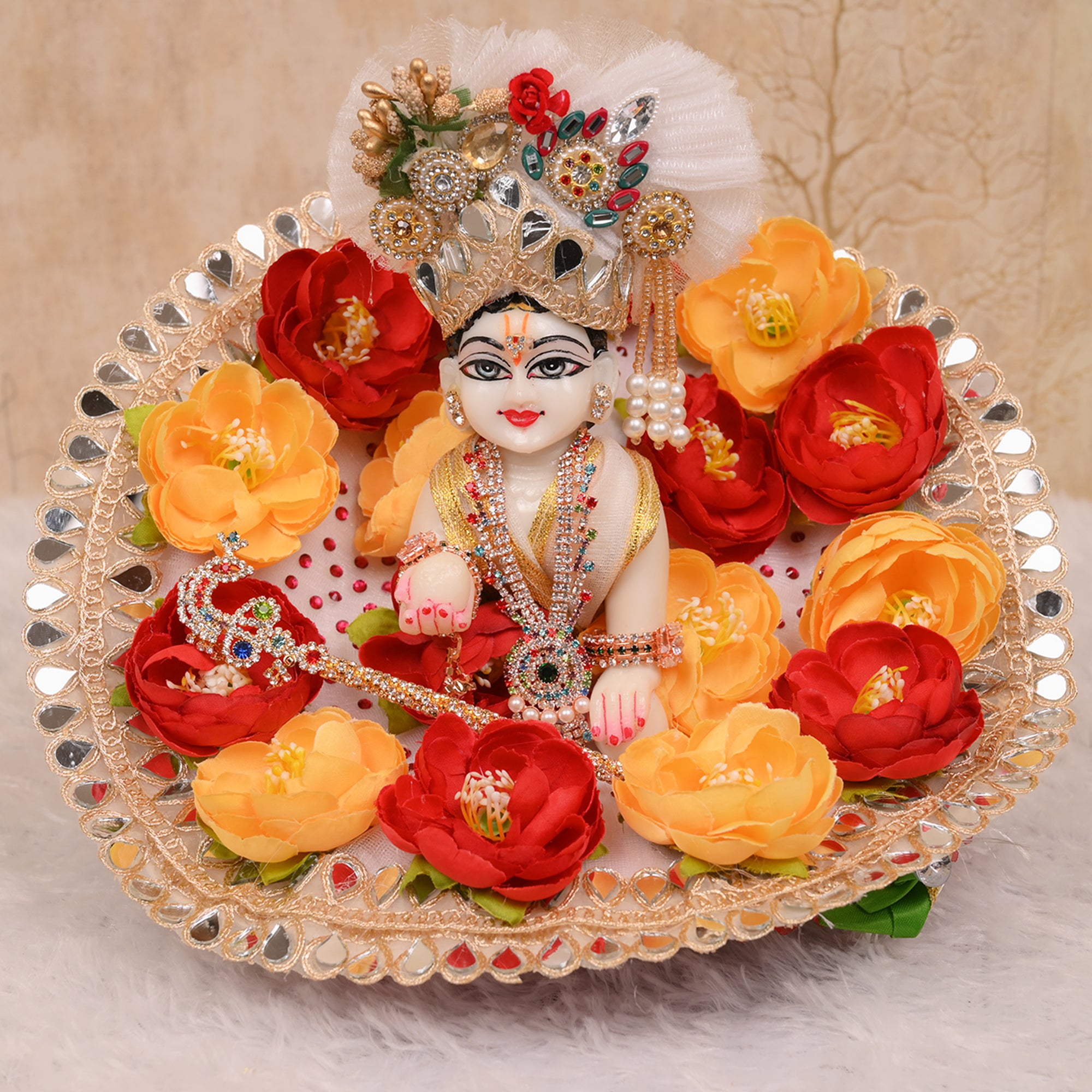 Laddu Gopal Poshak – White Flower Dress with Red & Yellow Work and Pagdri