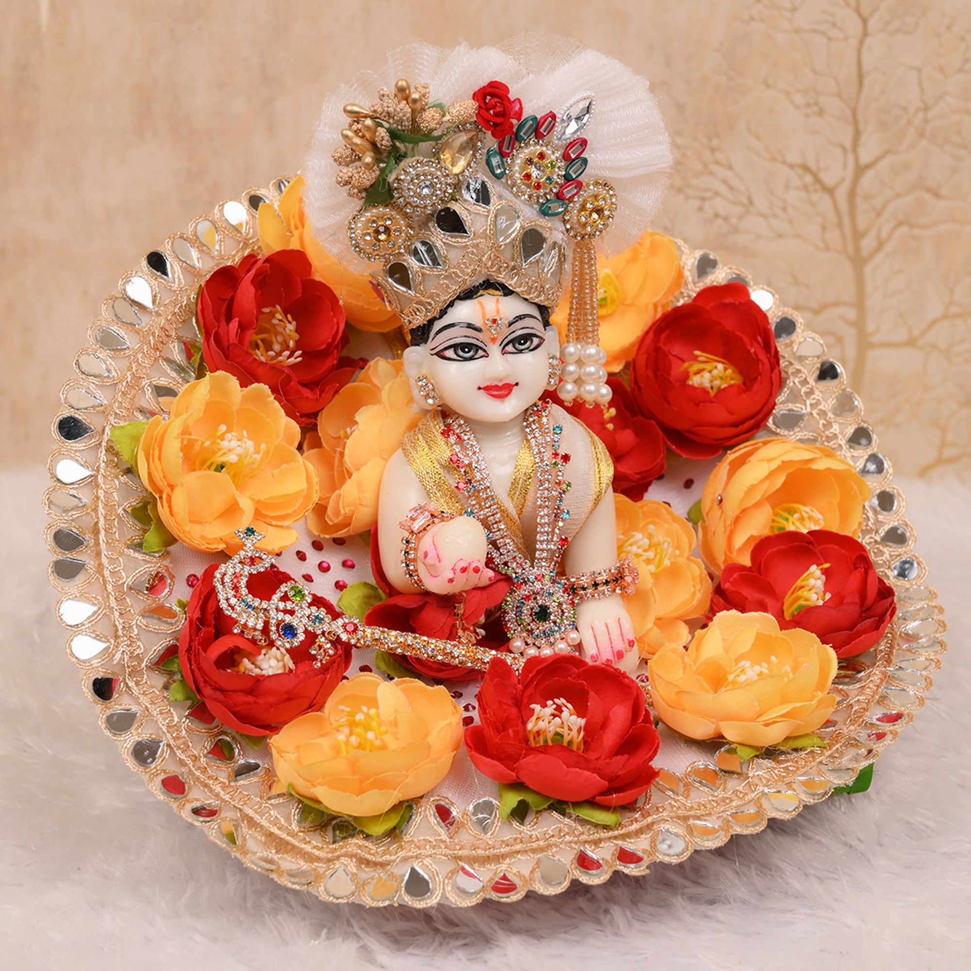 Laddu Gopal Poshak – White Flower Dress with Red & Yellow Work and Pagdri