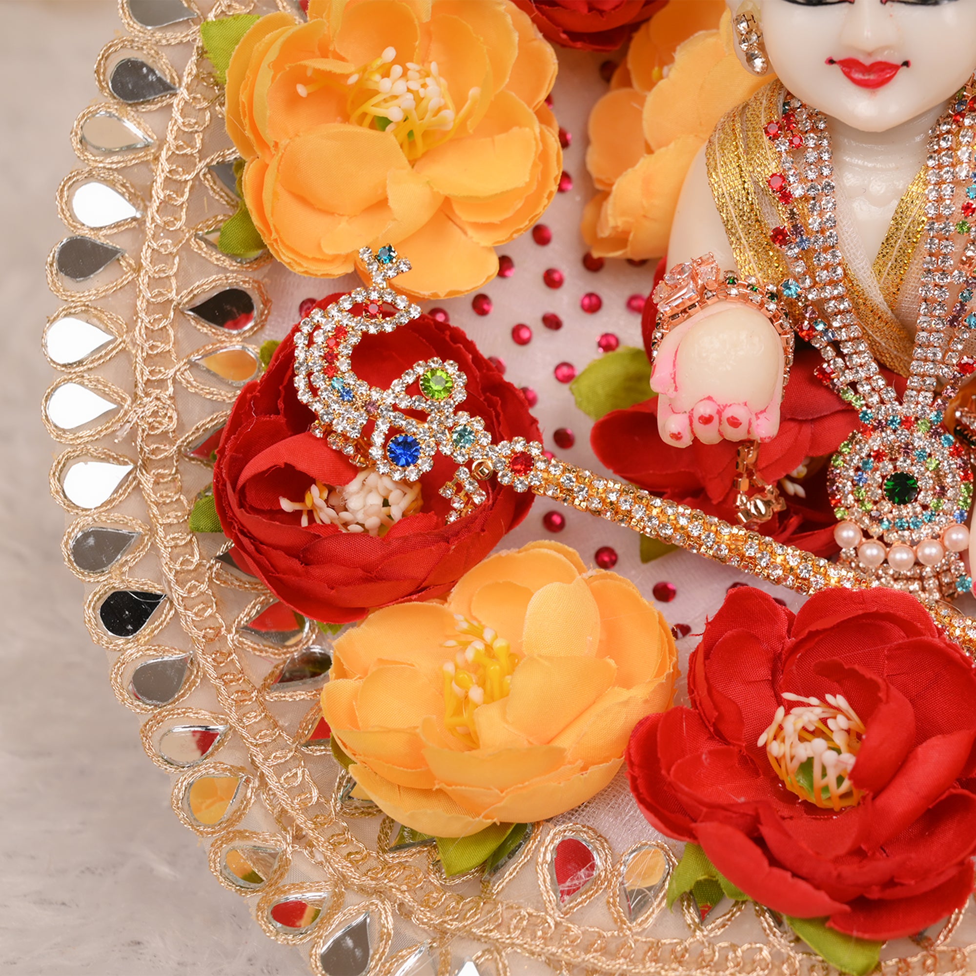 Laddu Gopal Poshak – White Flower Dress with Red & Yellow Work and Pagdri
