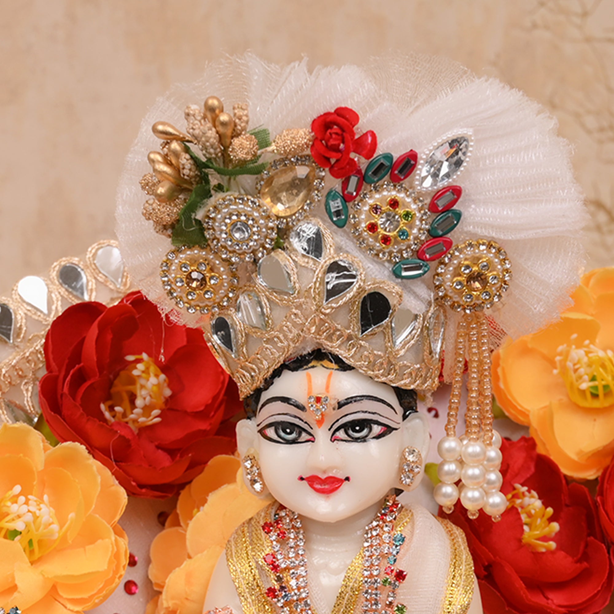 Laddu Gopal Poshak – White Flower Dress with Red & Yellow Work and Pagdri