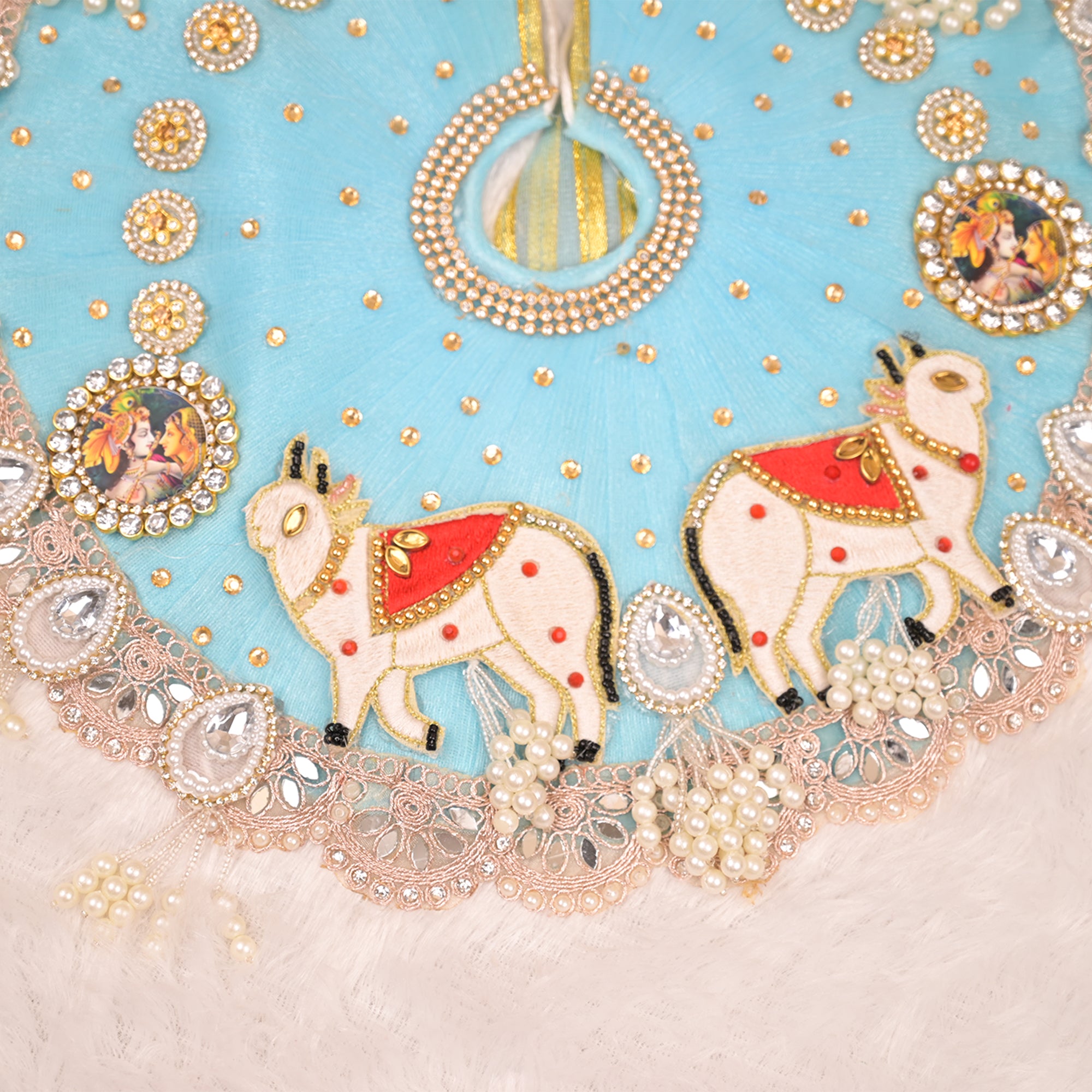 Laddu Gopal Poshak – Sky Blue Net Dress with Cow Design, Kundan & Pearl Work