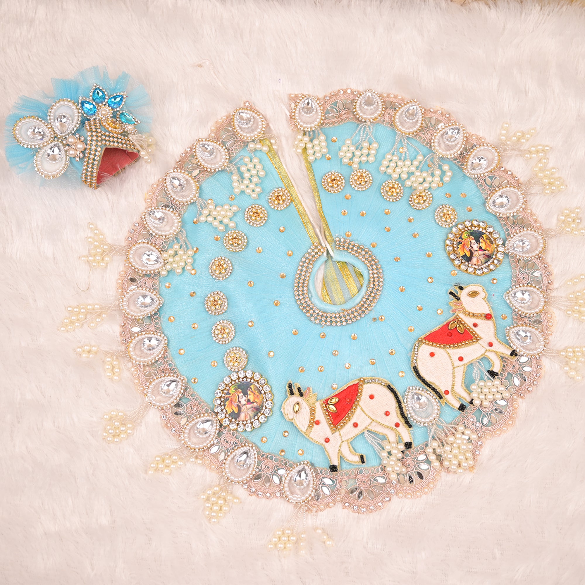 Laddu Gopal Poshak – Sky Blue Net Dress with Cow Design, Kundan & Pearl Work