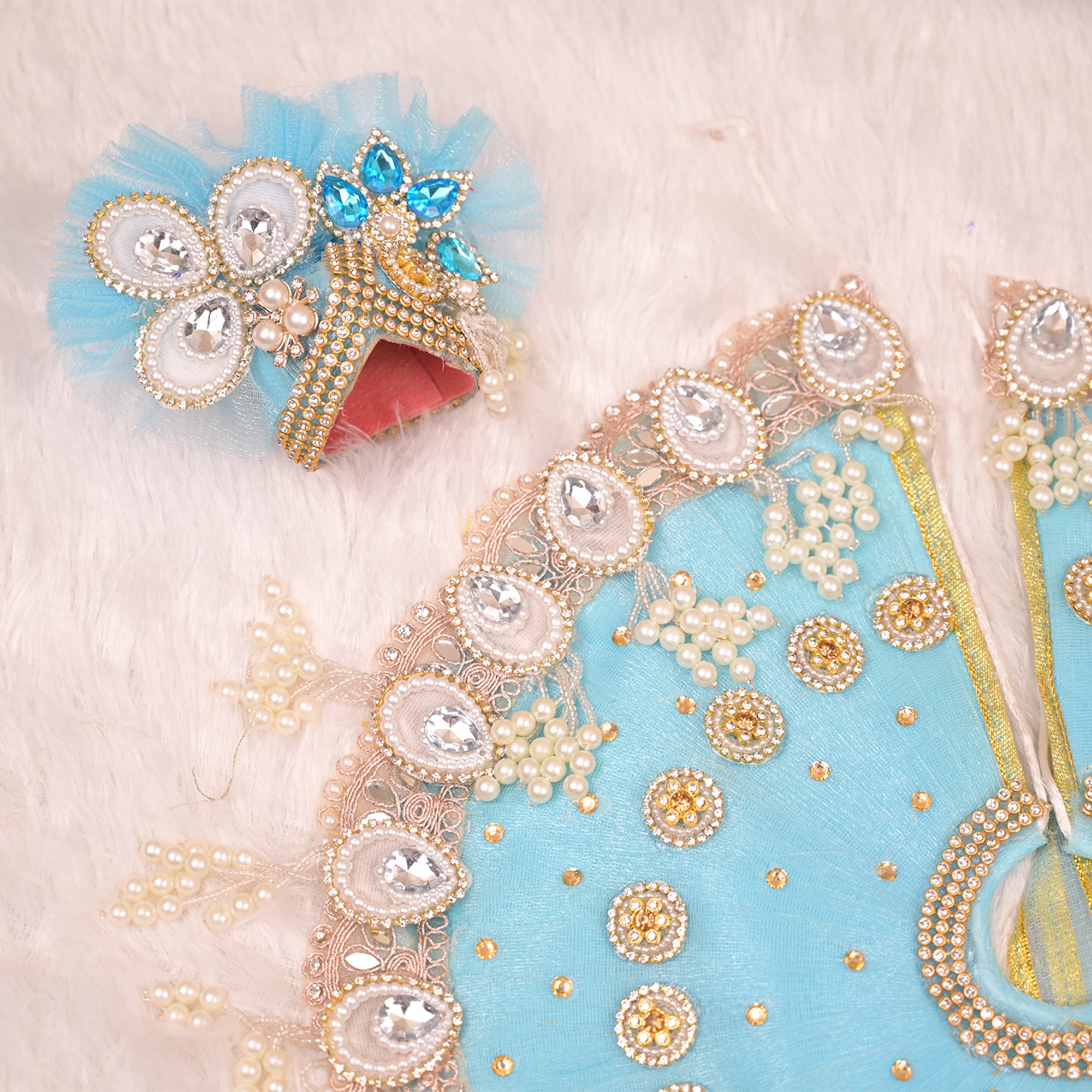 Laddu Gopal Poshak – Sky Blue Net Dress with Cow Design, Kundan & Pearl Work
