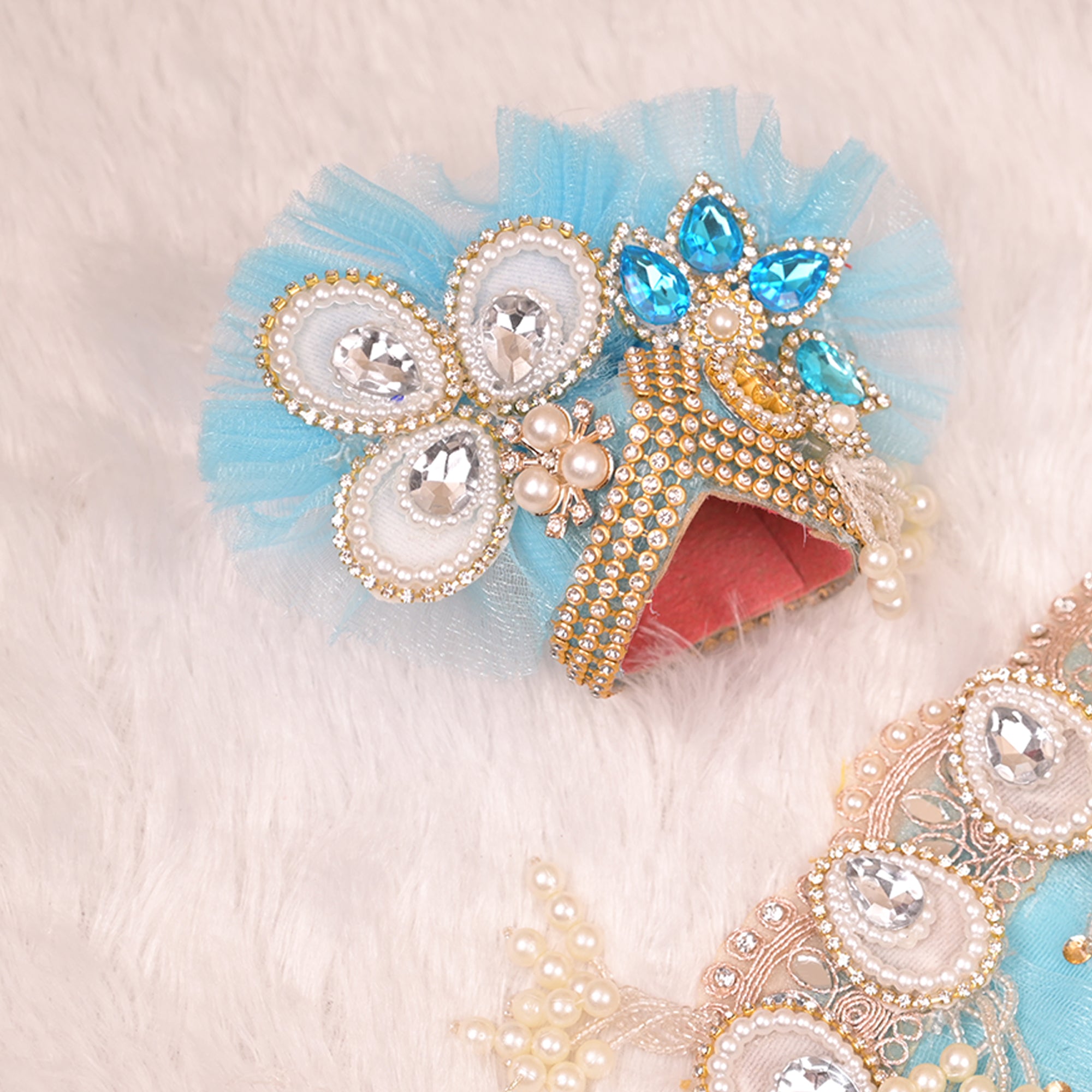 Laddu Gopal Poshak – Sky Blue Net Dress with Cow Design, Kundan & Pearl Work