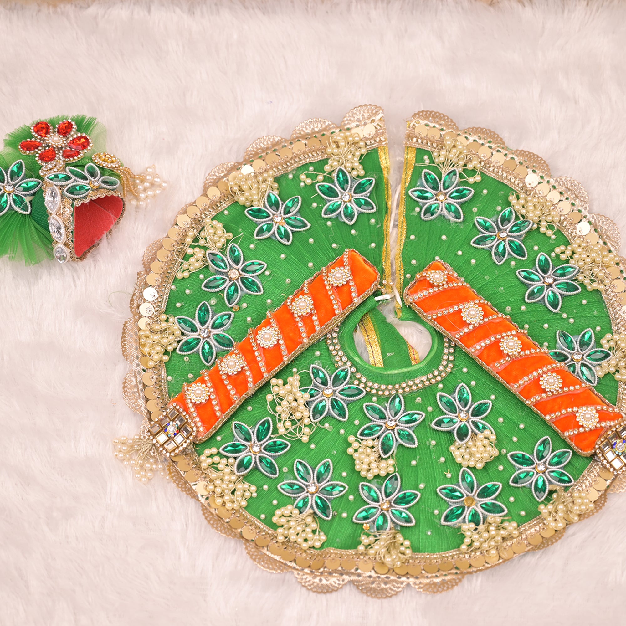 Laddu Gopal Poshak – Green Net Dress with Orange Stripes, Kundan & Golden Pearl Work