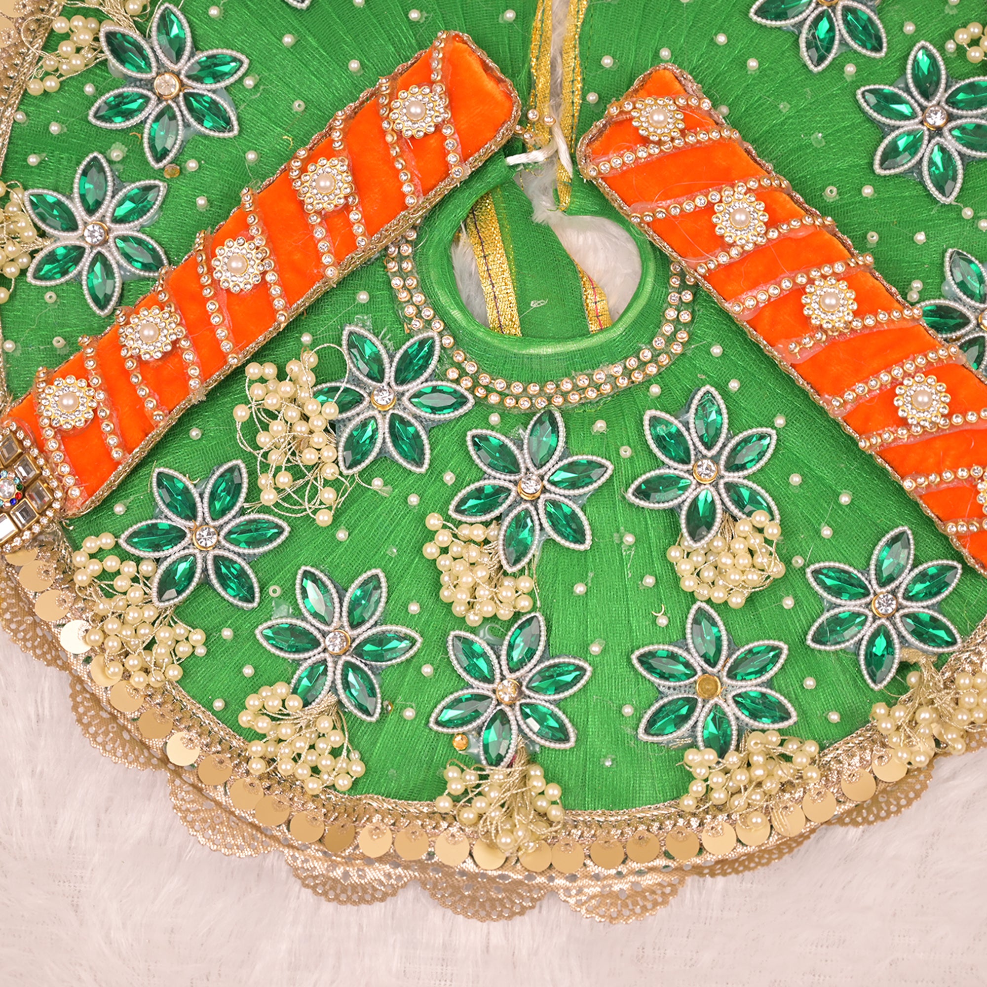 Laddu Gopal Poshak – Green Net Dress with Orange Stripes, Kundan & Golden Pearl Work