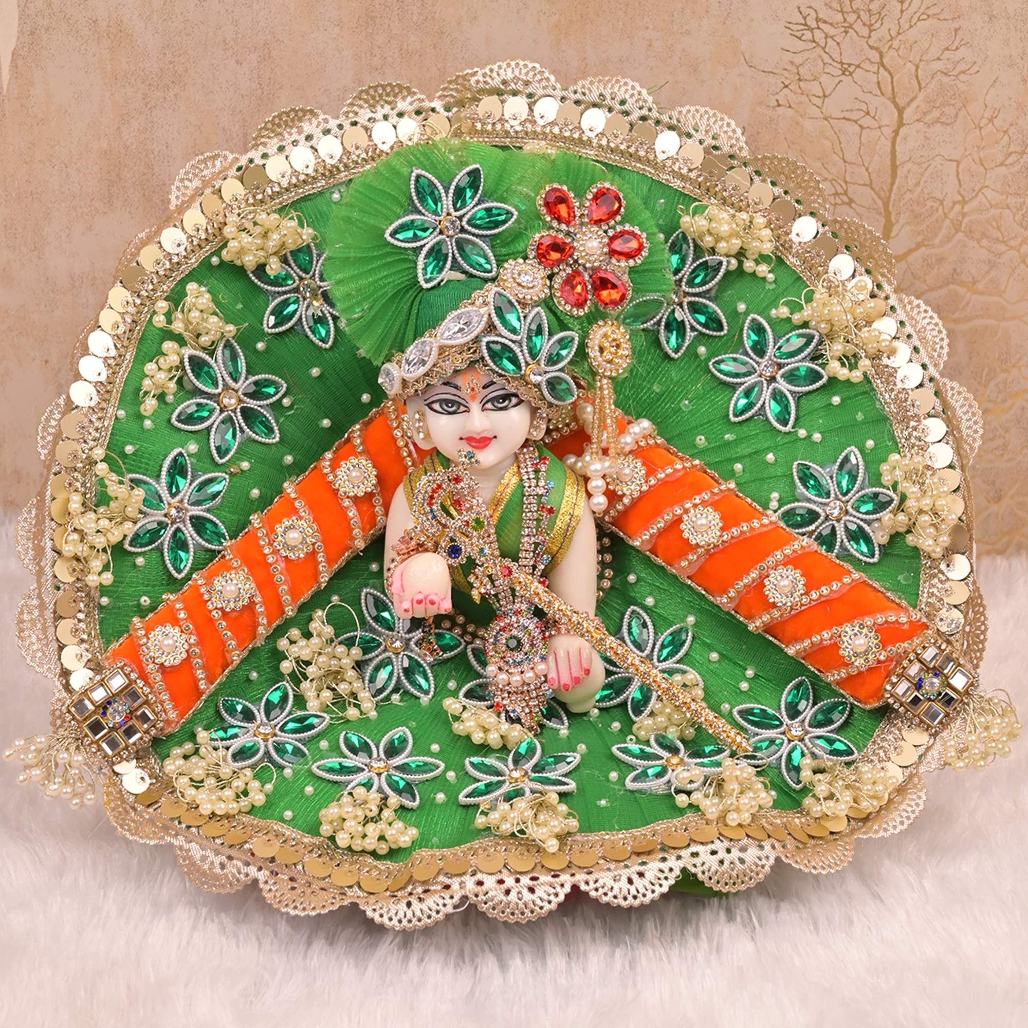 Laddu Gopal Poshak – Green Net Dress with Orange Stripes, Kundan & Golden Pearl Work