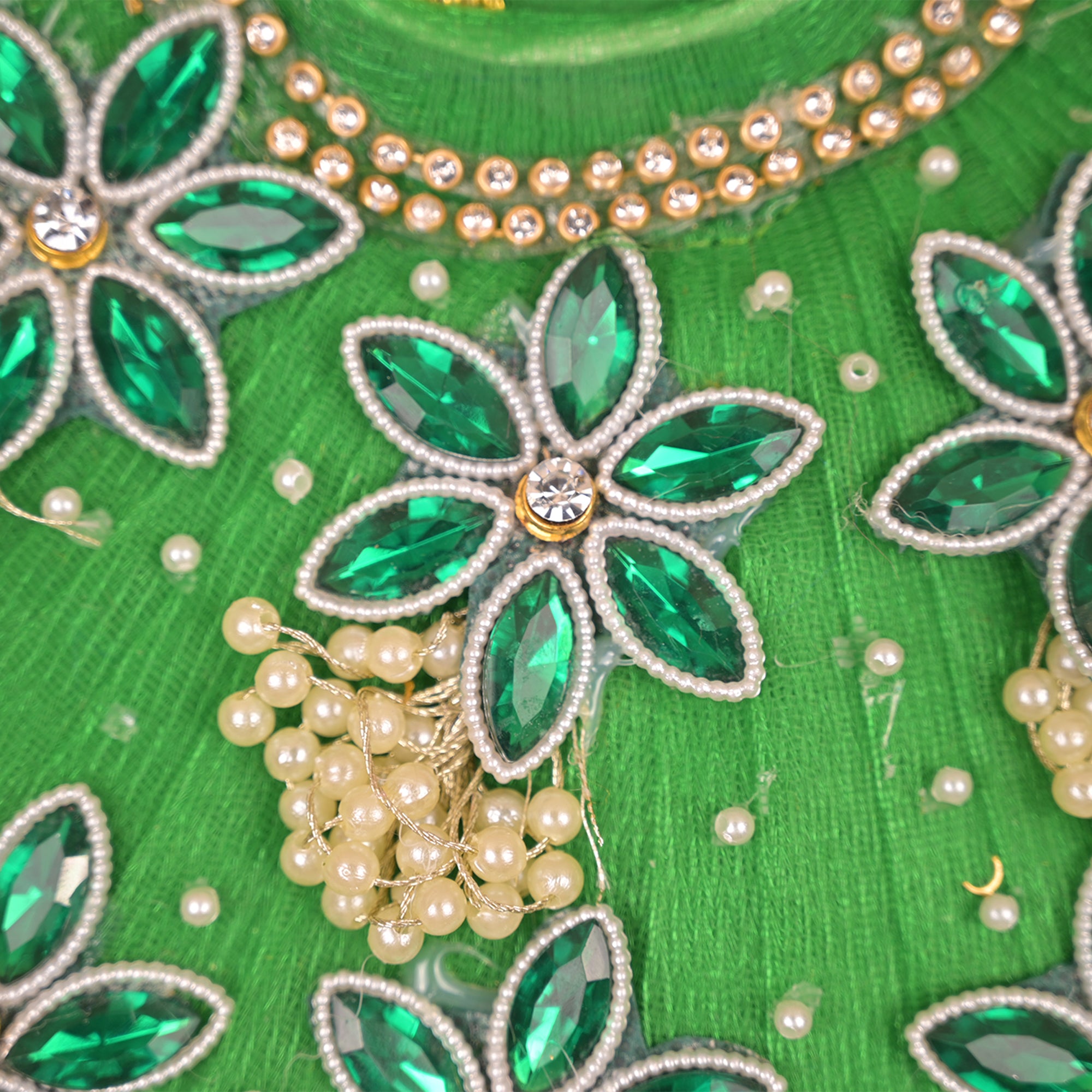 Laddu Gopal Poshak – Green Net Dress with Orange Stripes, Kundan & Golden Pearl Work