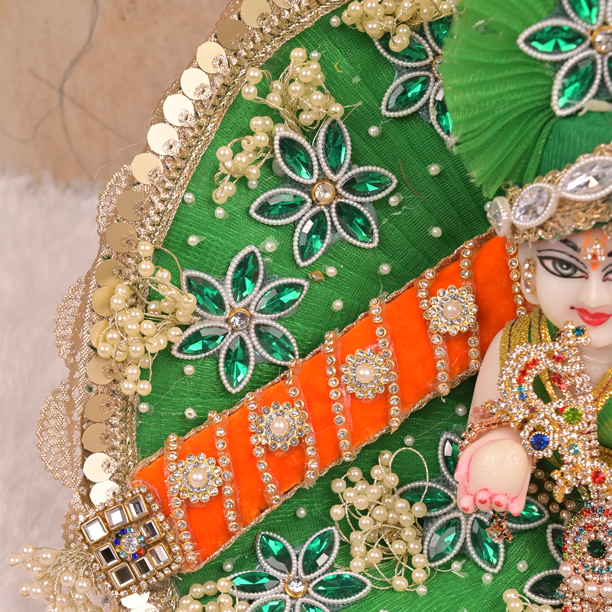 Laddu Gopal Poshak – Green Net Dress with Orange Stripes, Kundan & Golden Pearl Work