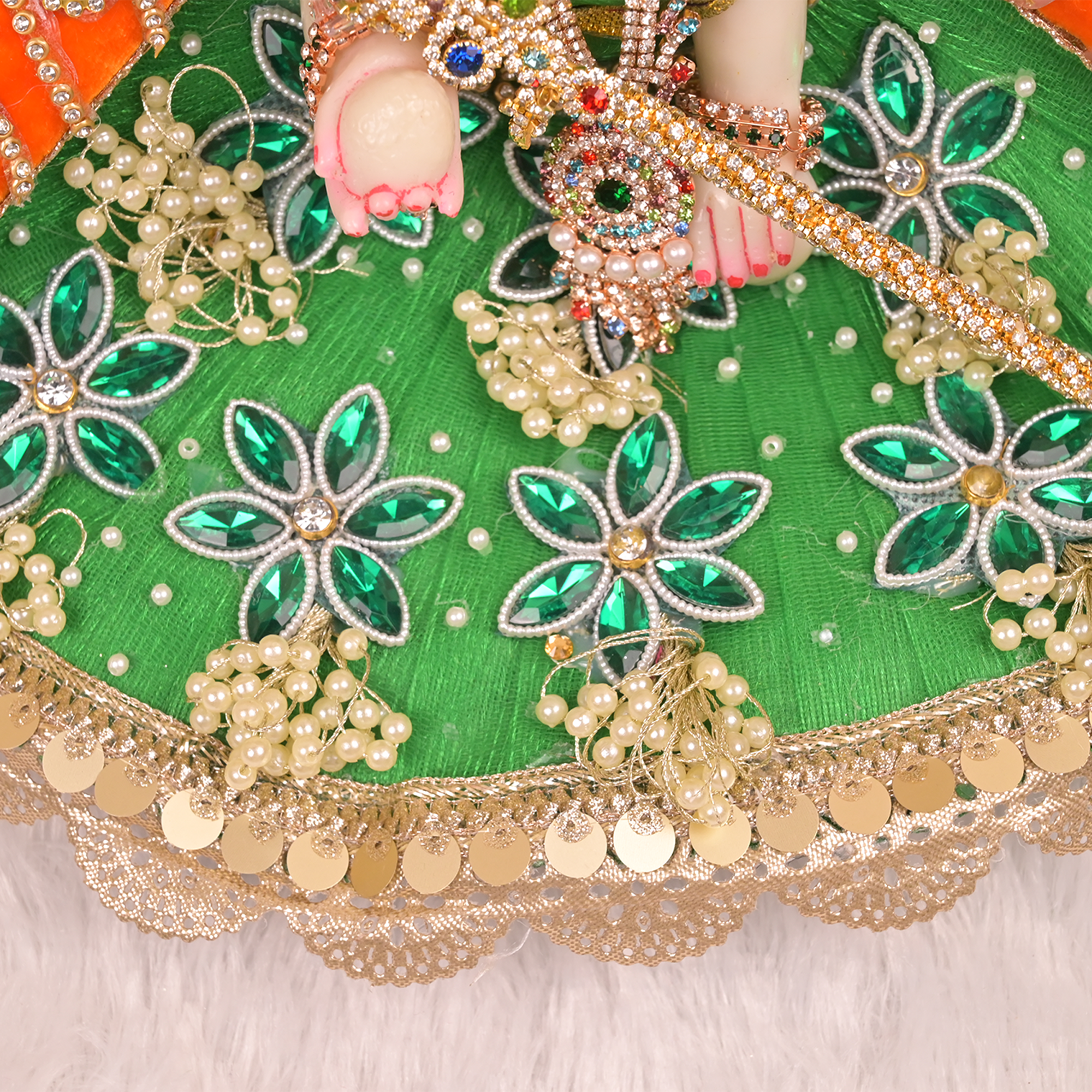 Laddu Gopal Poshak – Green Net Dress with Orange Stripes, Kundan & Golden Pearl Work