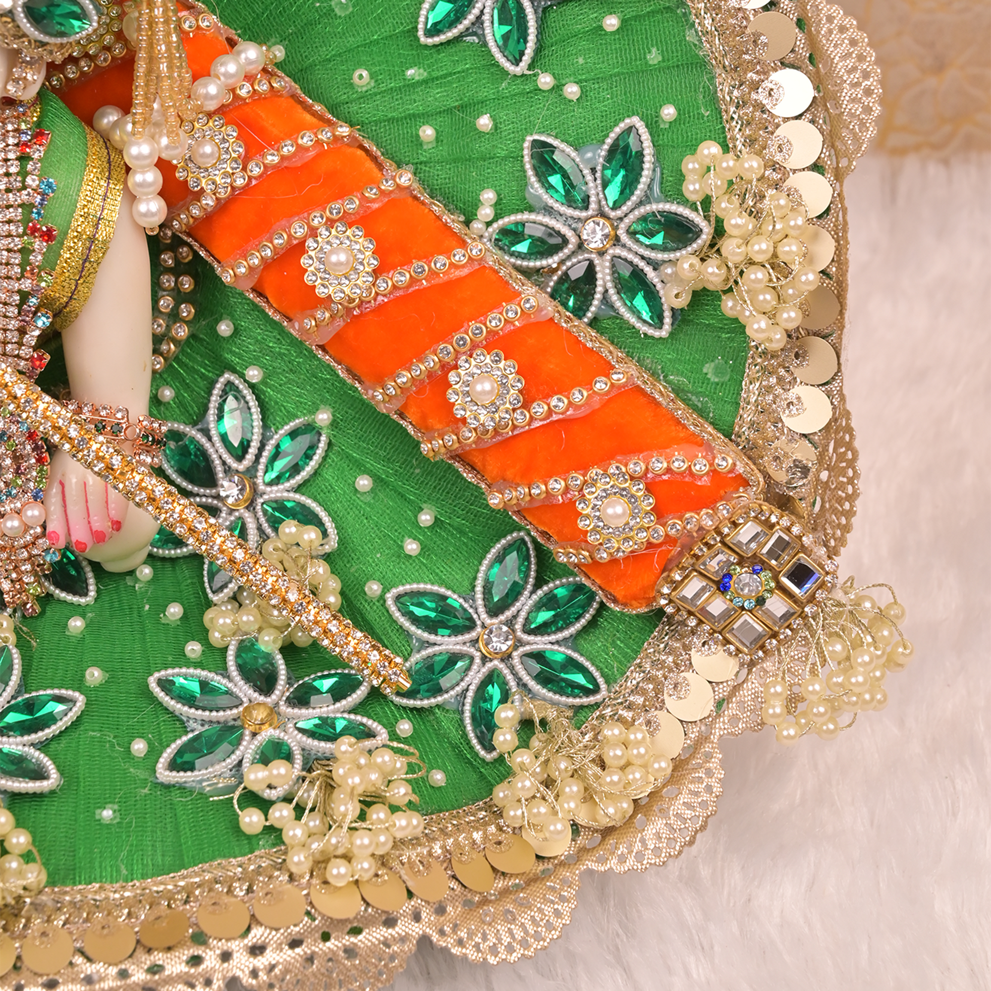 Laddu Gopal Poshak – Green Net Dress with Orange Stripes, Kundan & Golden Pearl Work
